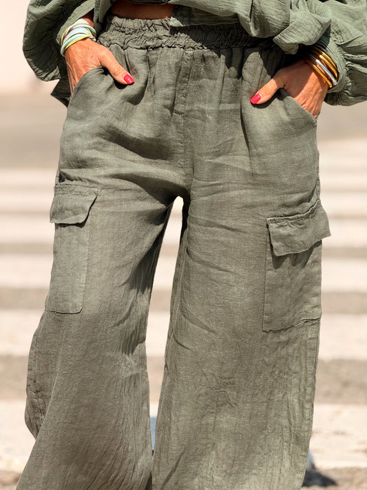 PANTALON LINO CARGO KAKI