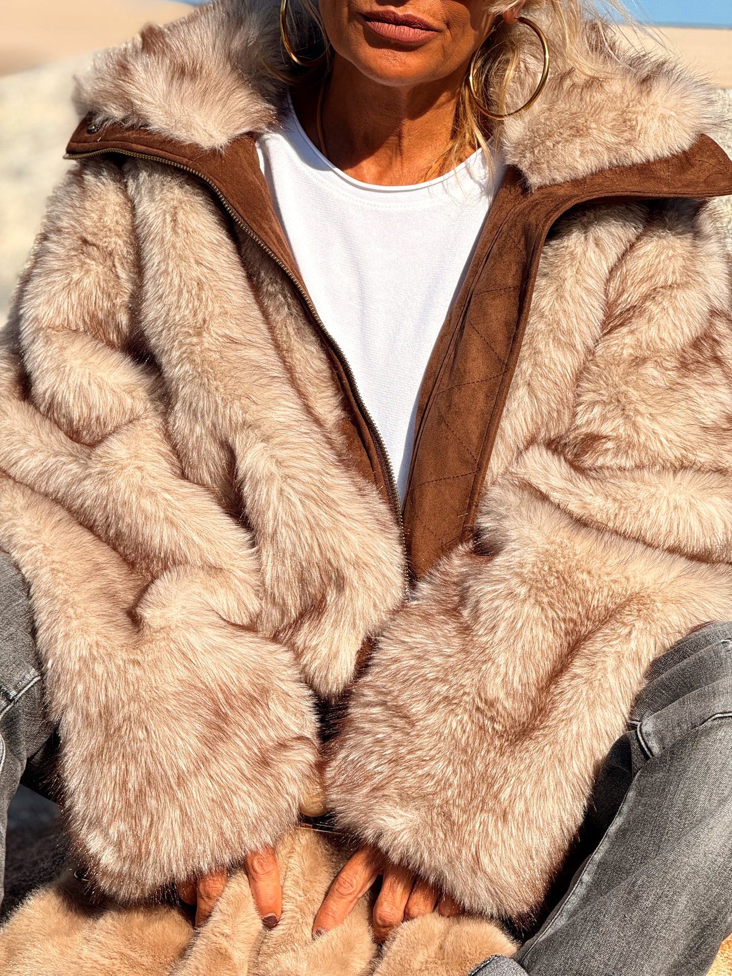 CHAQUETA GAMUZA DE PELO SINTÉTICO REVERSIBLE MARRON