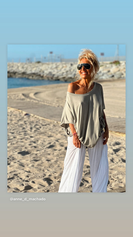 CONJUNTO OVERSIZE TÚNICA-PANTALON AMELIE TOPO-BLANCO