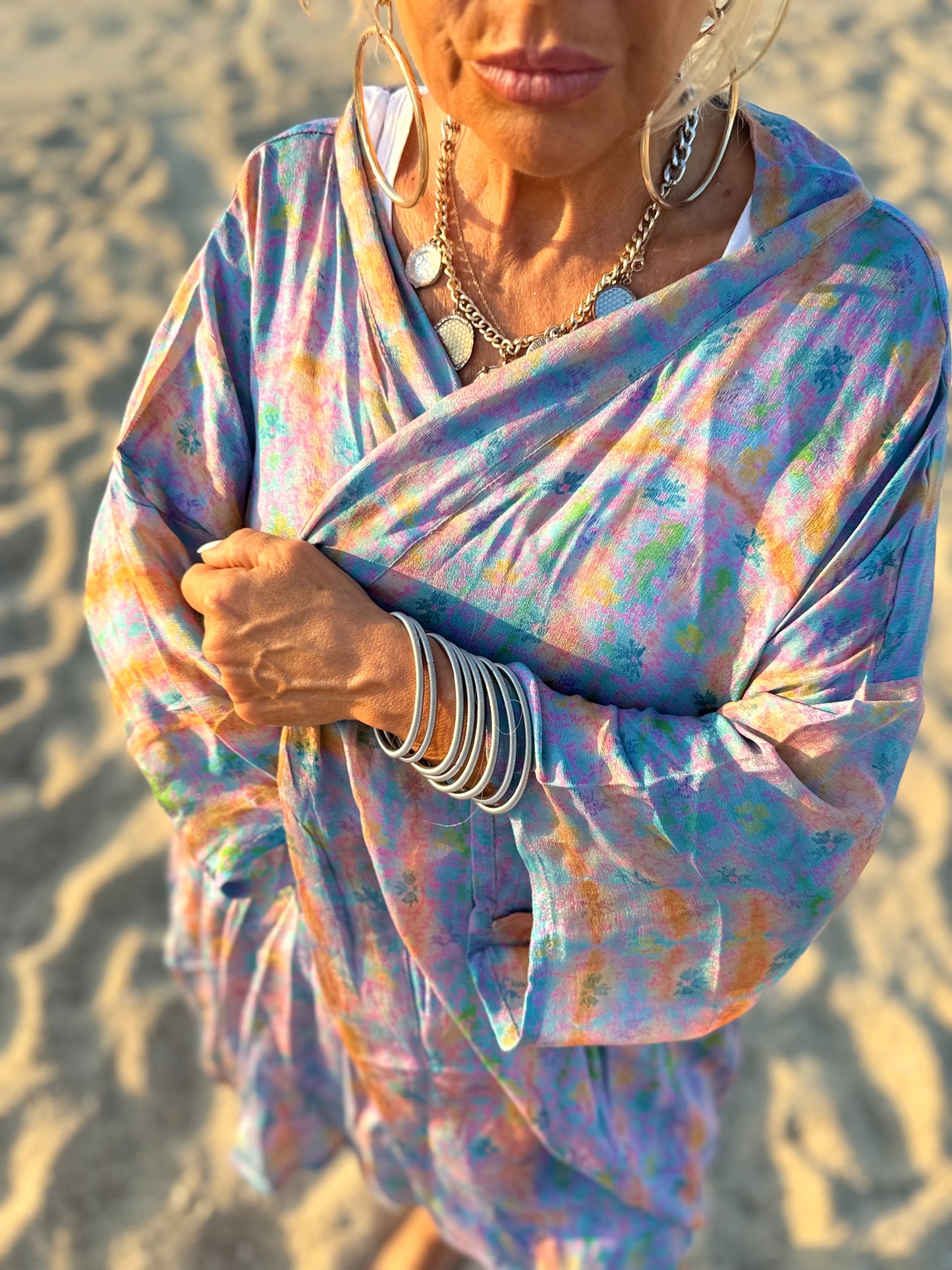 KIMONO CORTO ESTAMPADO MANGA LARGA CREPE DE SEDA MULTICOLOR