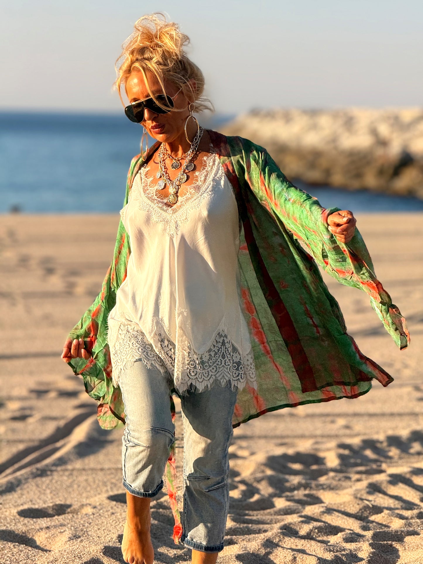 KIMONO CORTO ESTAMPADO MANGA LARGA CREPE DE SEDA MULTICOLOR