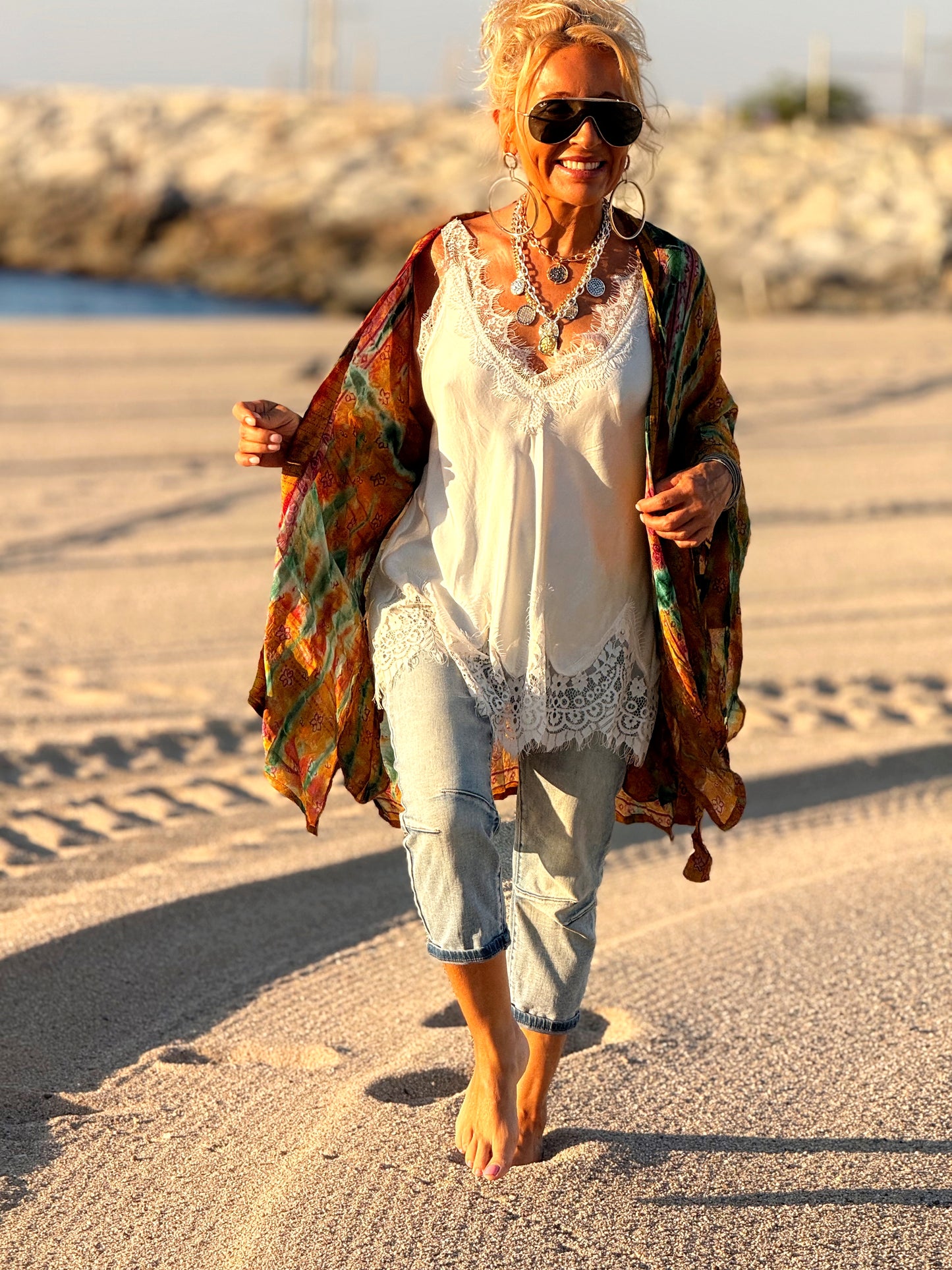 KIMONO CORTO ESTAMPADO MANGA LARGA CREPE DE SEDA MULTICOLOR