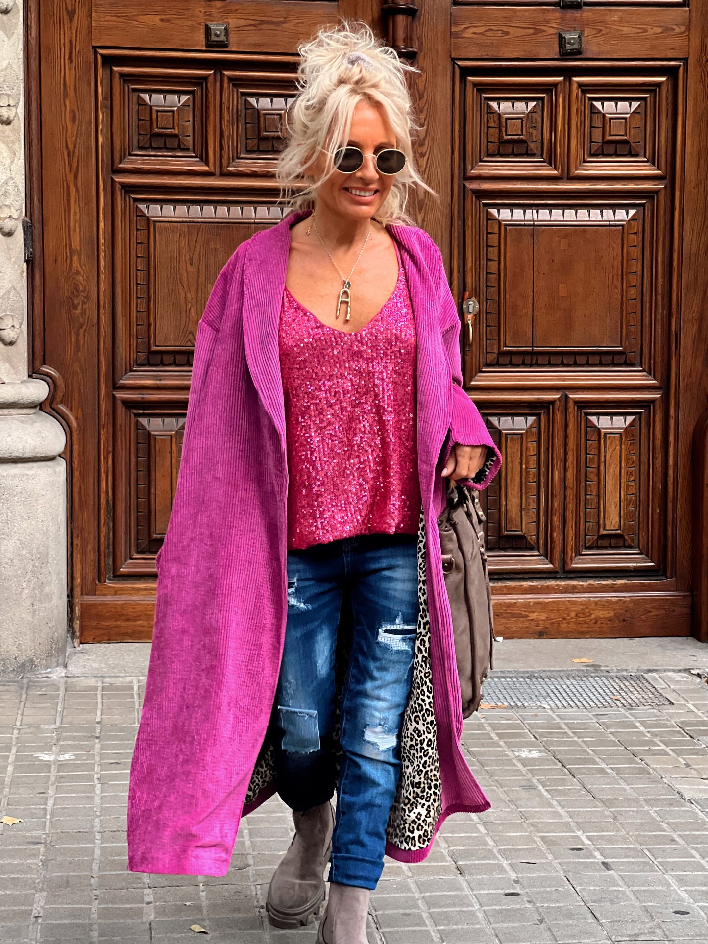 CHAQUETA PANA CON FORRO ANIMAL PRINT FUSCIA