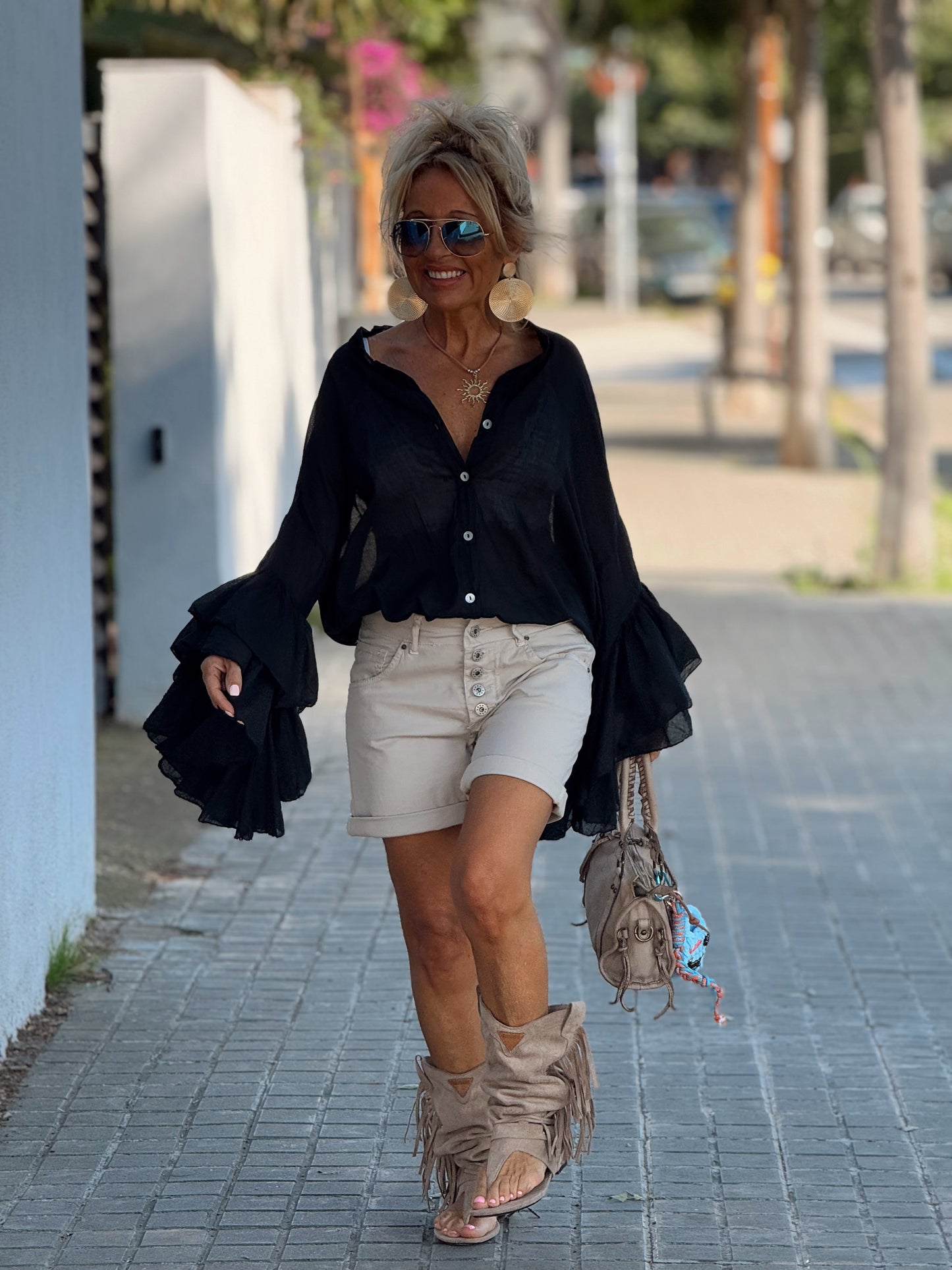 BLUSA BOHEMIAN MANGA VOLANTES NEGRO