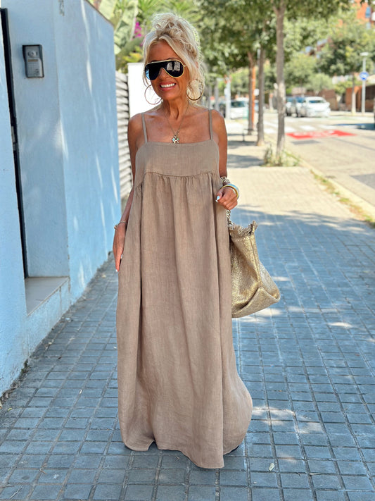 VESTIDO LINO AJUSTABLE CAMEL