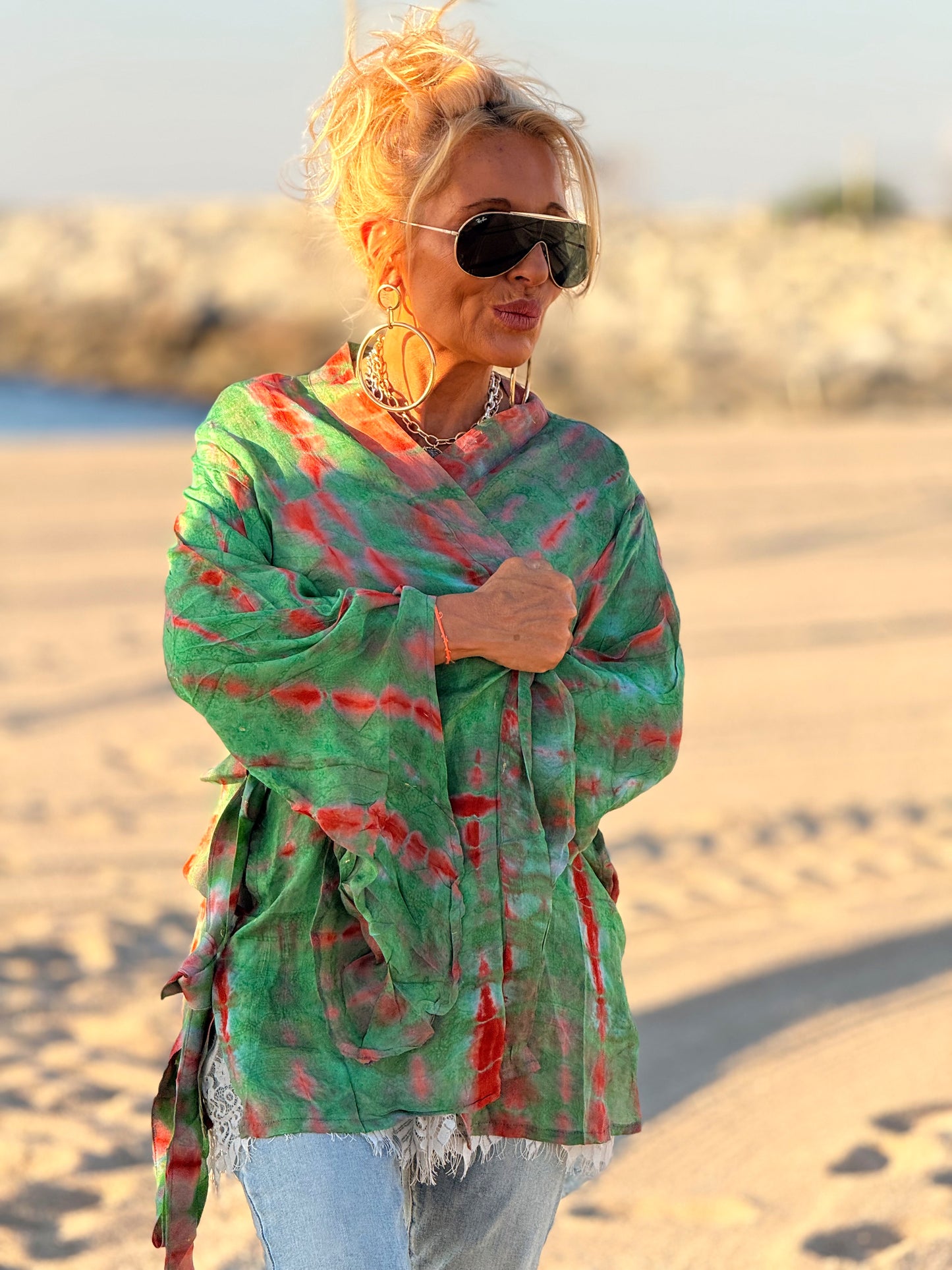 KIMONO CORTO ESTAMPADO MANGA LARGA CREPE DE SEDA MULTICOLOR