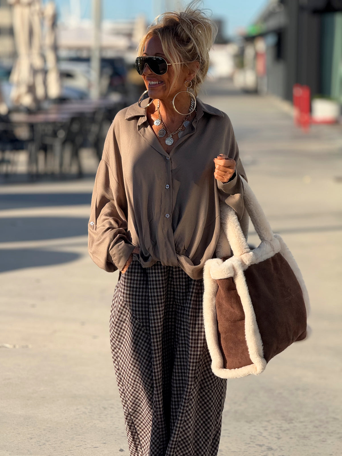 PANTALON OVERSIZE CUADROS LILIANA MARRÓN