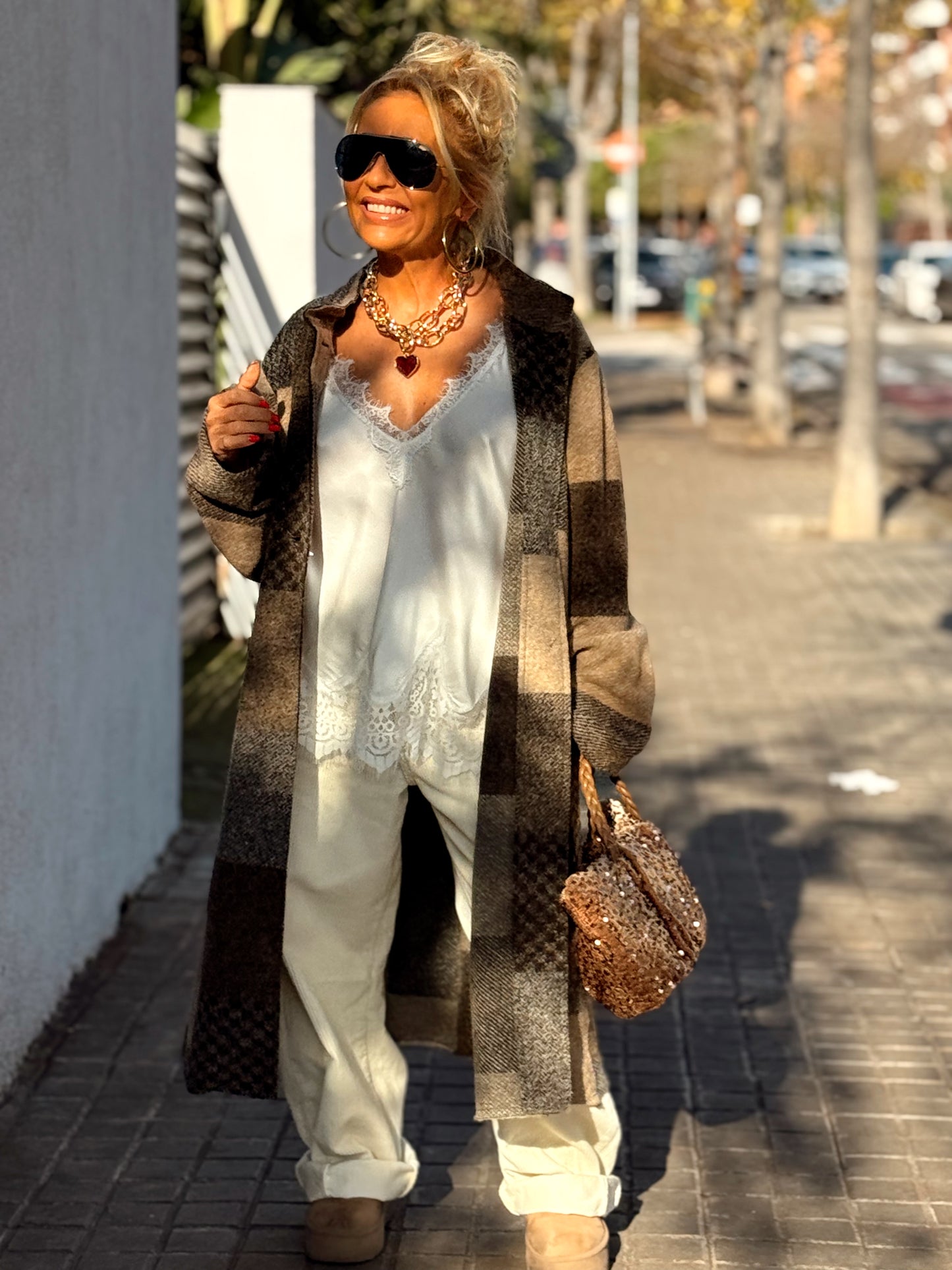 CHAQUETA LARGA CUADROS SHANNA MARRÓN