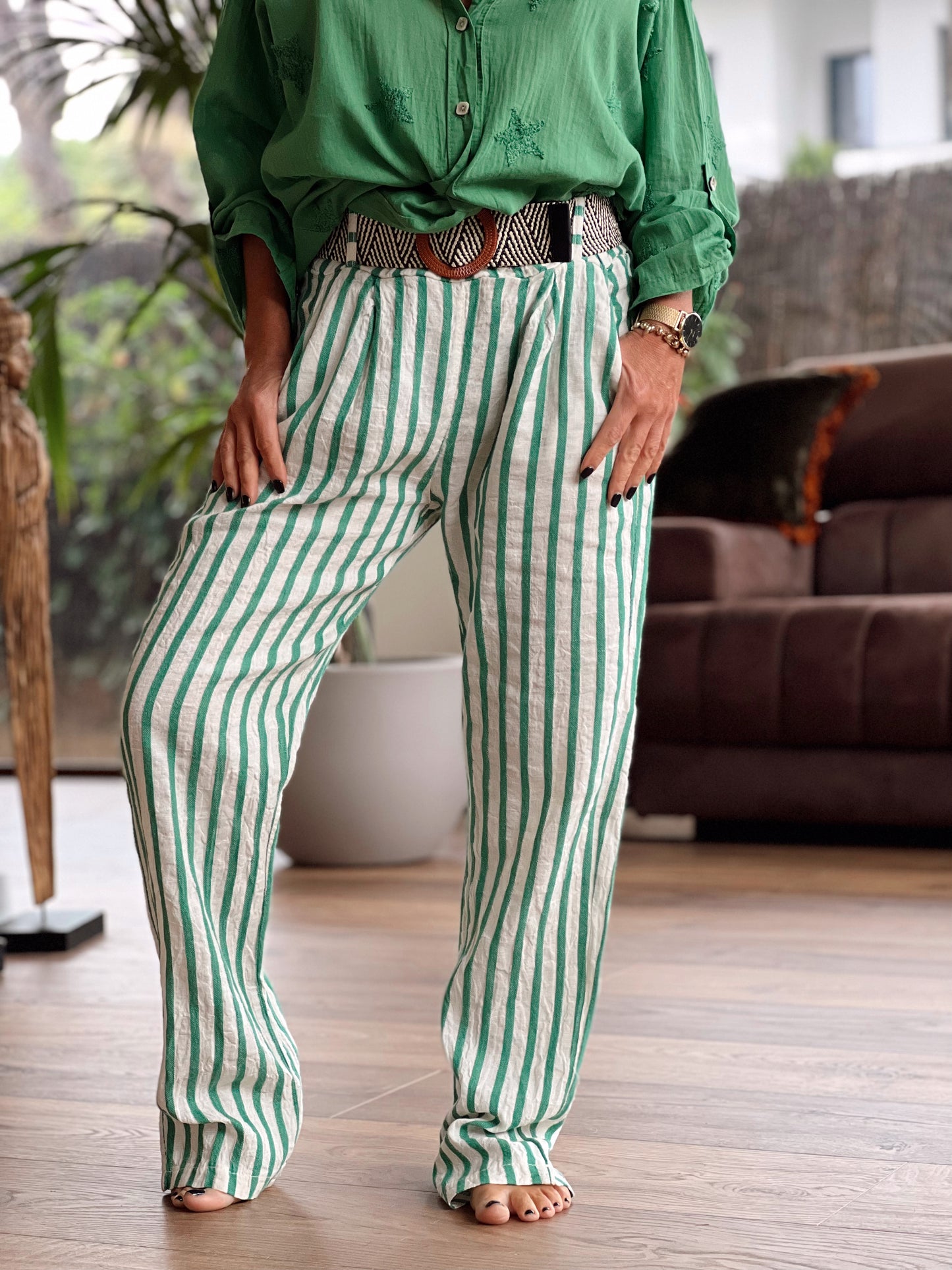 PANTALON RAYAS CON CINTURÓN VERDE