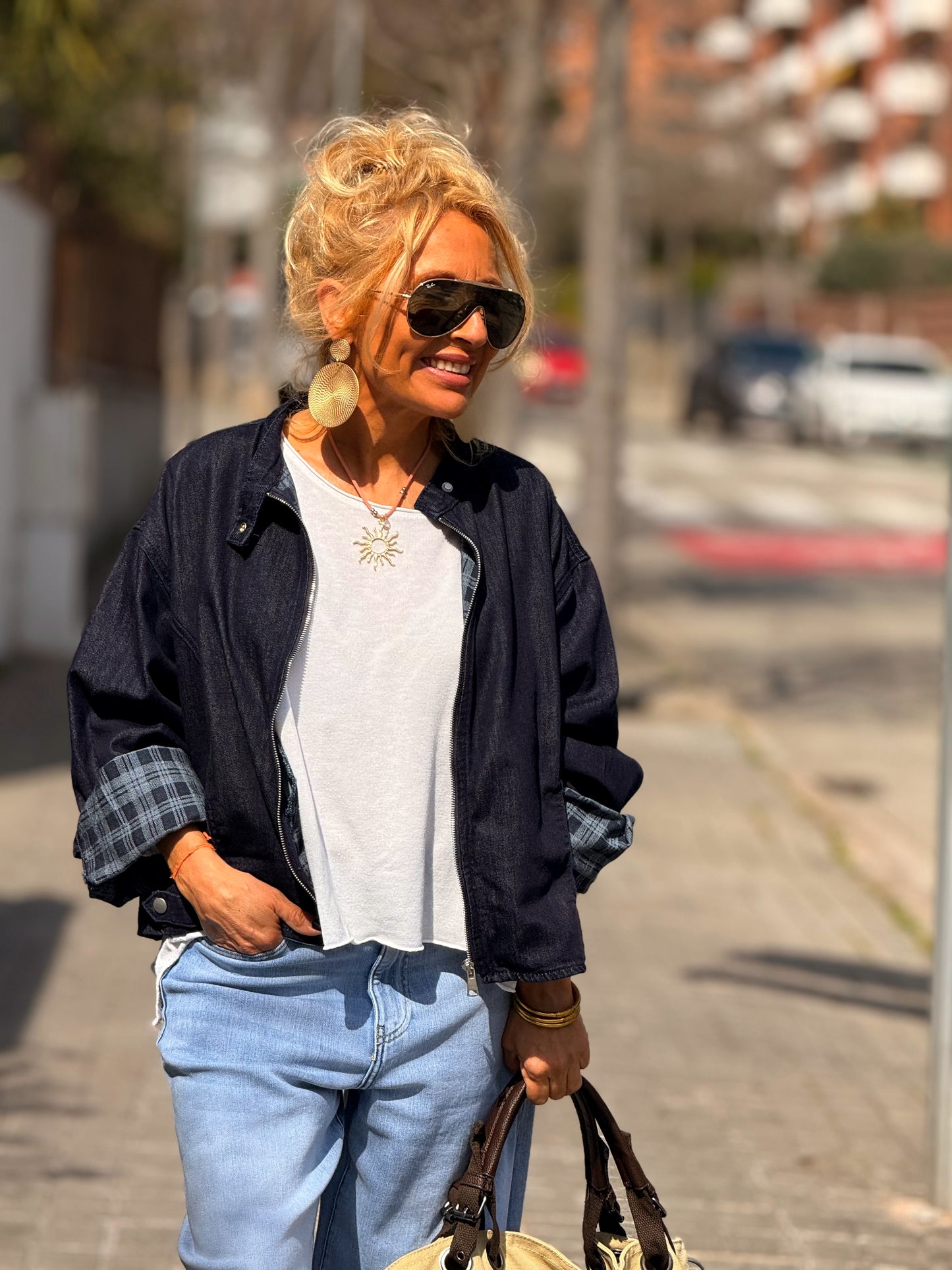 CHAQUETA CORTA CON FORRO CUADRADOS TEJANO