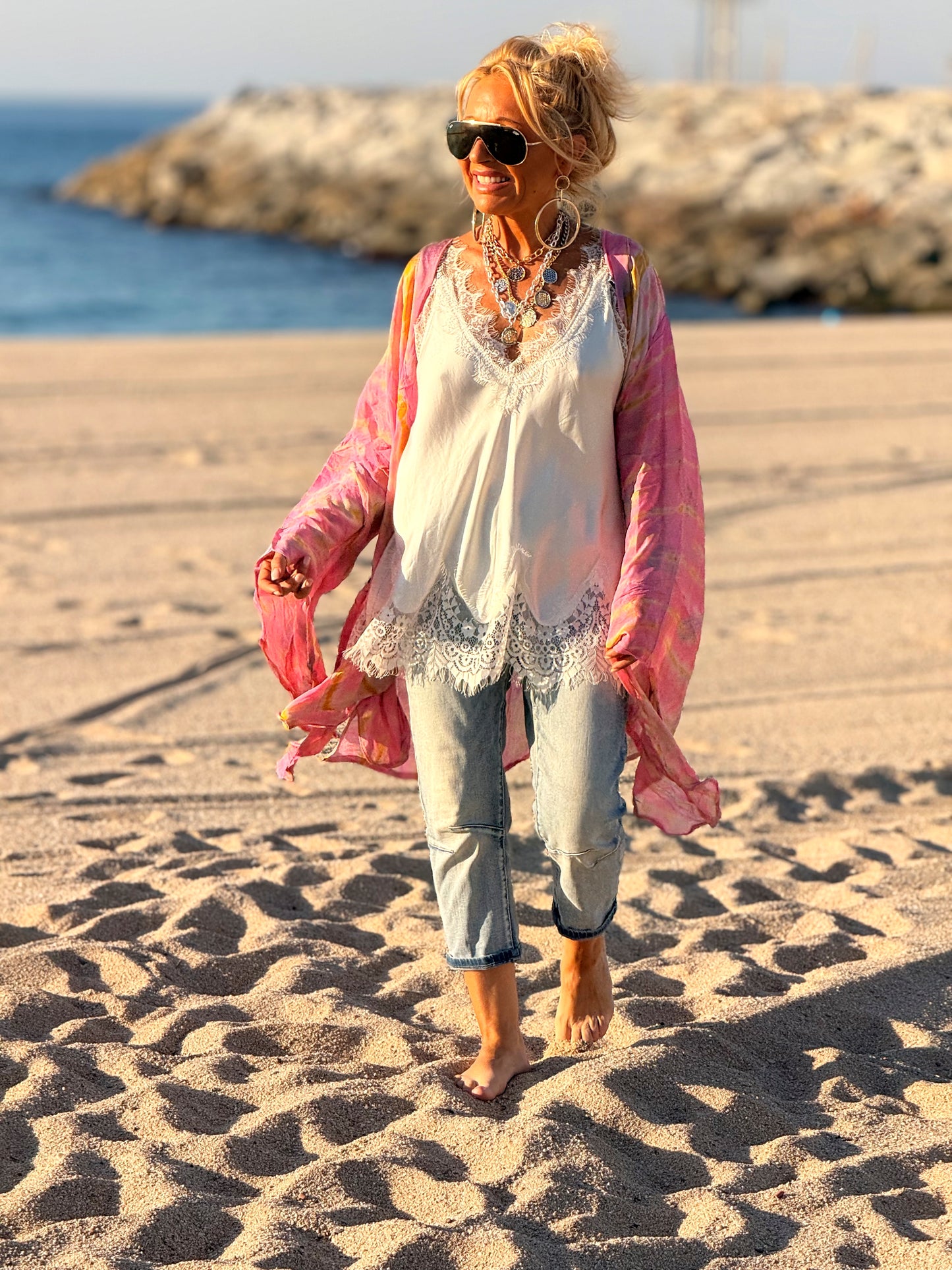KIMONO CORTO ESTAMPADO MANGA LARGA CREPE DE SEDA MULTICOLOR
