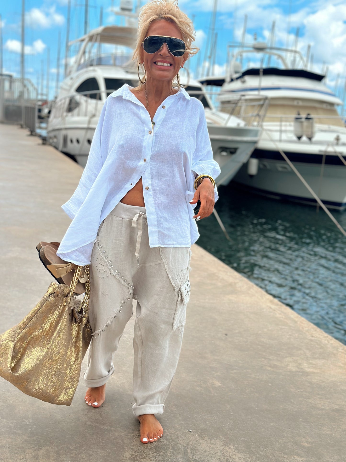 PANTALON LINO BAGGY OVERSIZE ST-TROPEZ CON TACHAS BEIGE