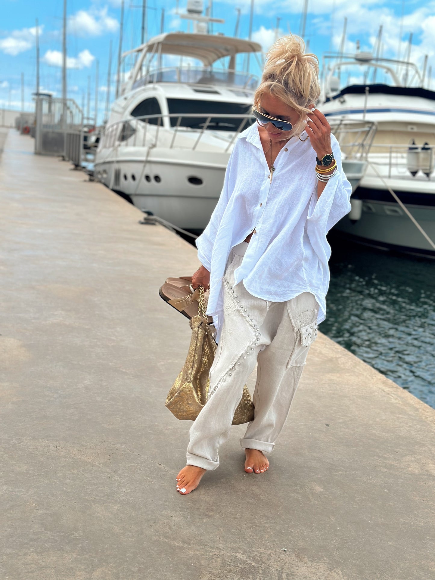 PANTALON LINO BAGGY OVERSIZE ST-TROPEZ CON TACHAS BEIGE