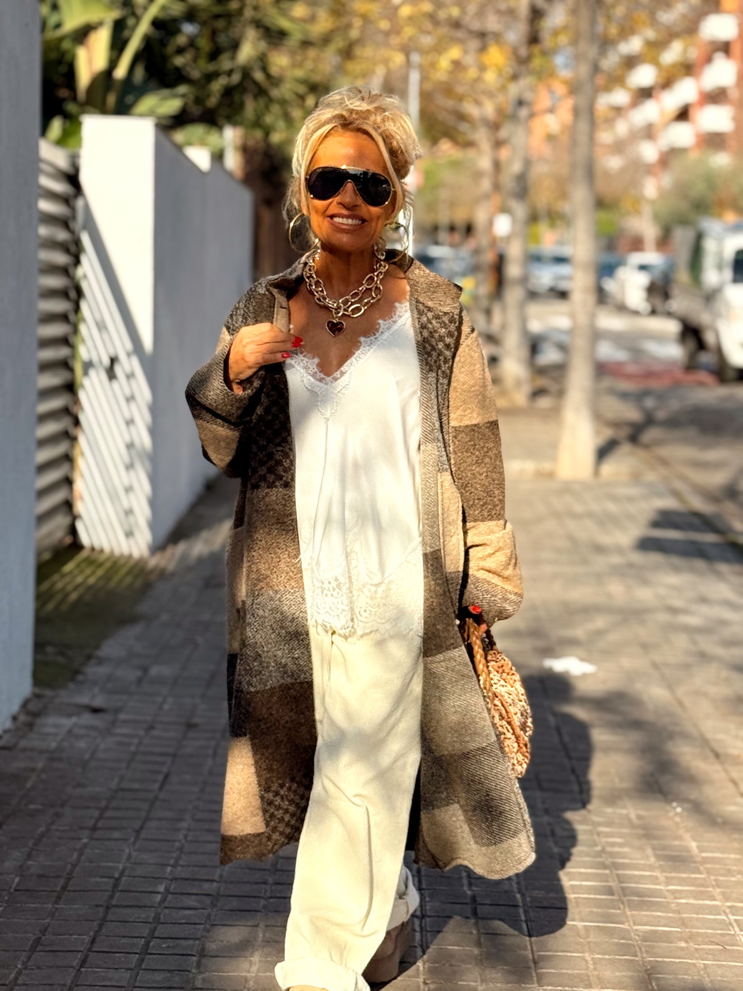 CHAQUETA LARGA CUADROS SHANNA MARRÓN