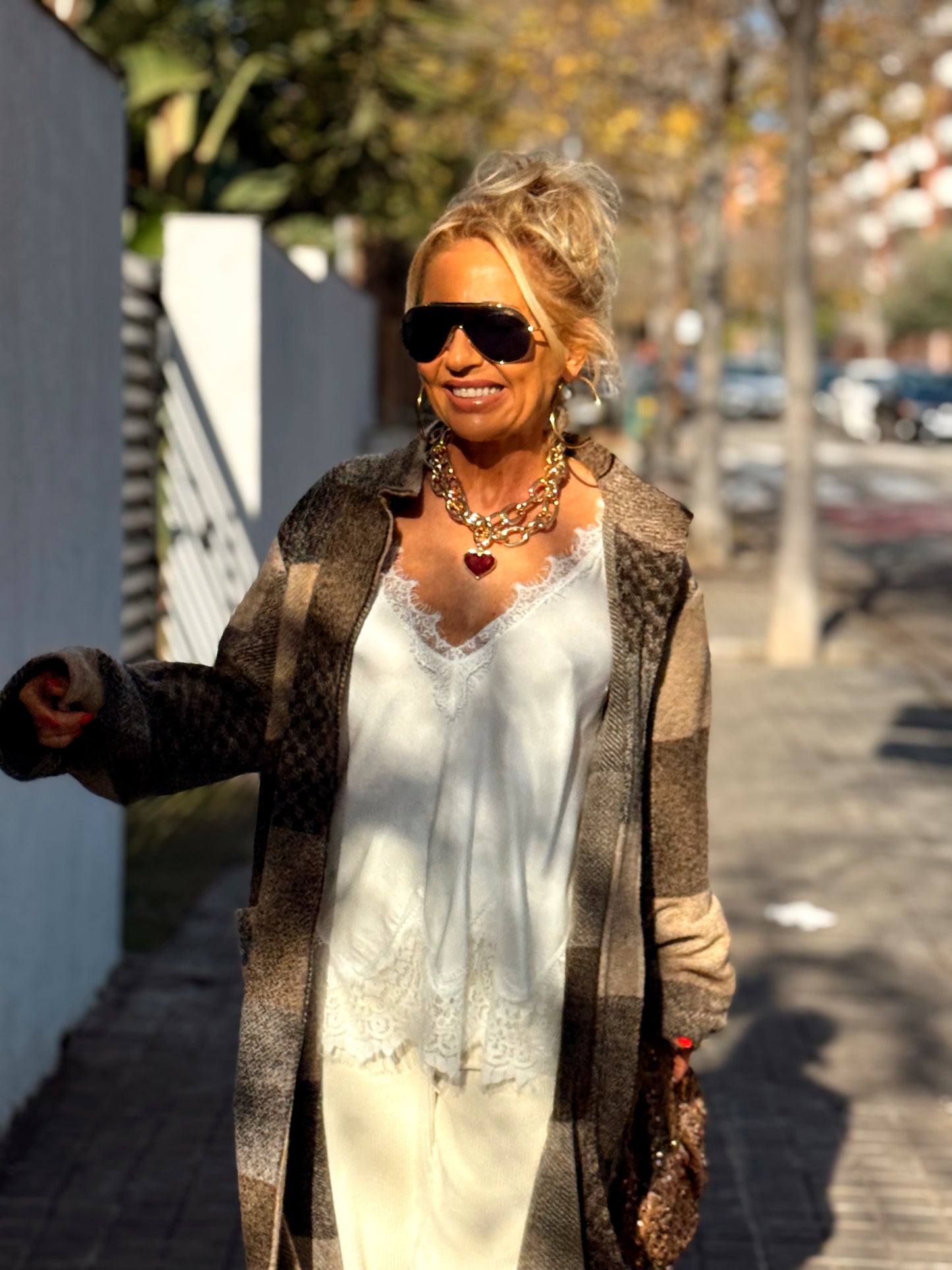 CHAQUETA LARGA CUADROS SHANNA MARRÓN