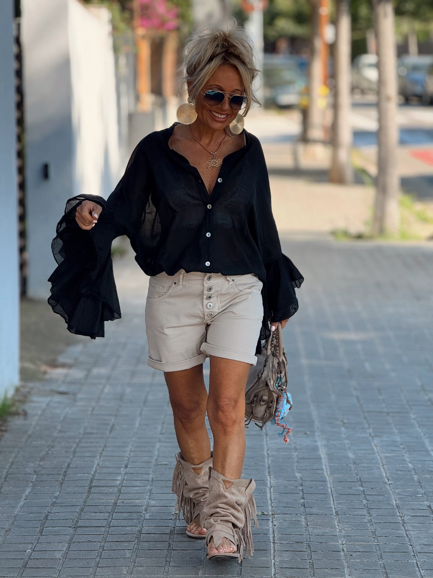 BLUSA BOHEMIAN MANGA VOLANTES NEGRO