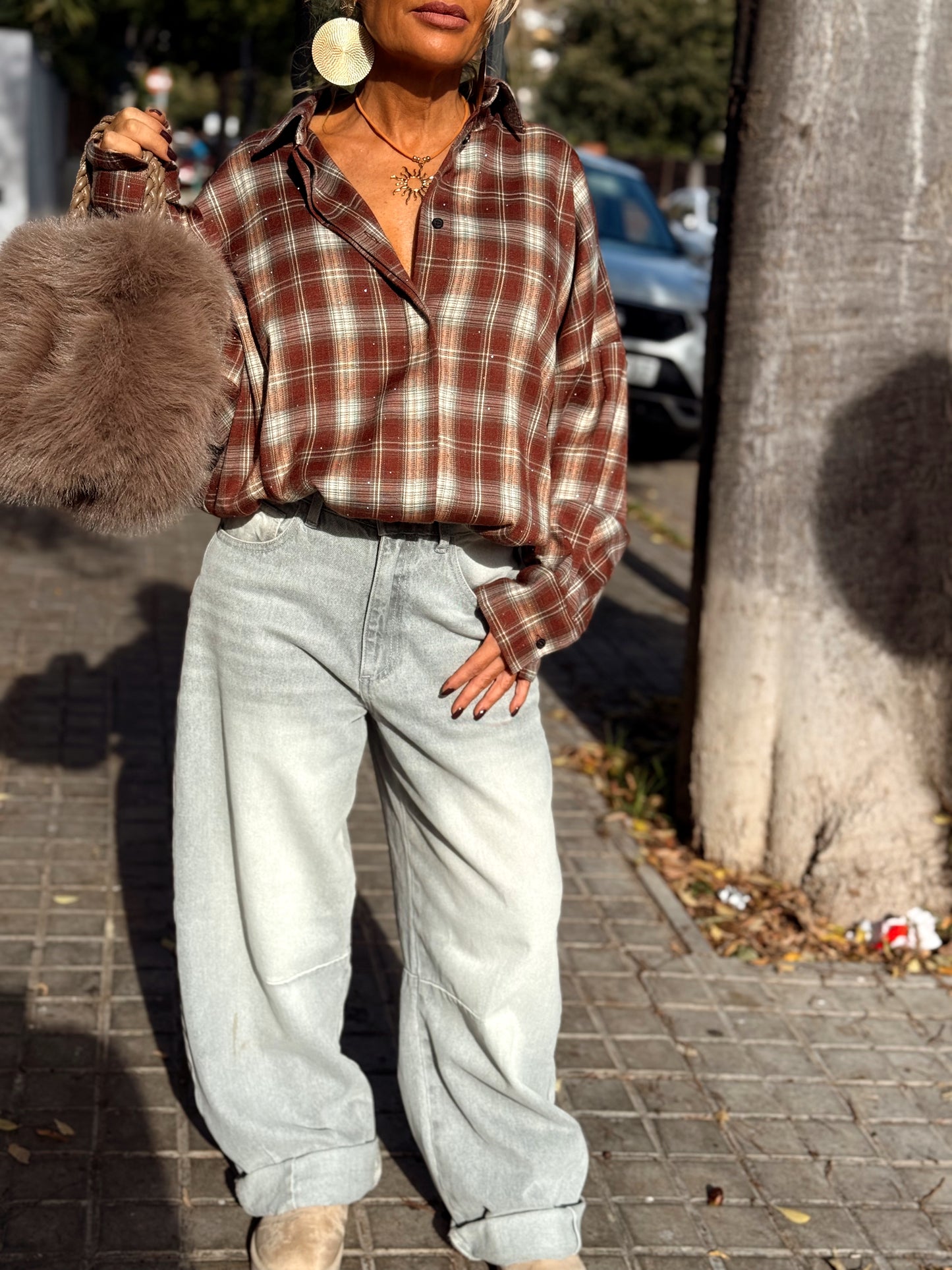 CAMISA OVERSIZE CUADROS MARRÓN