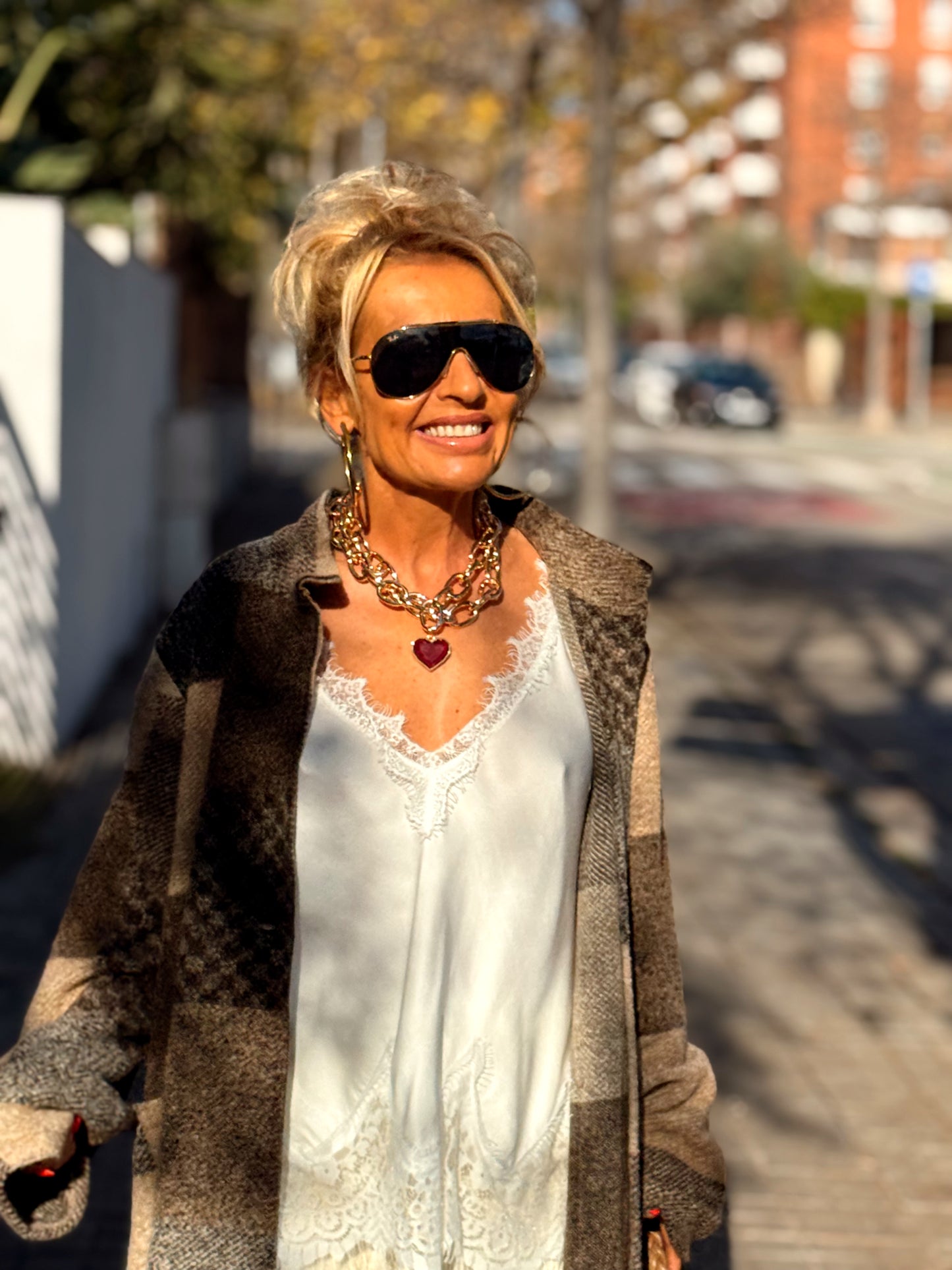 CHAQUETA LARGA CUADROS SHANNA MARRÓN