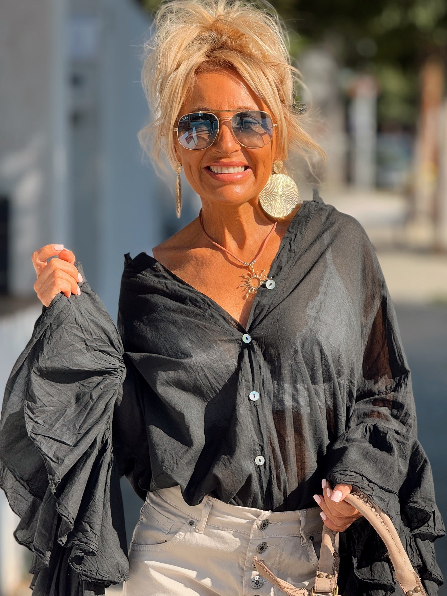 BLUSA BOHEMIAN MANGA VOLANTES NEGRO