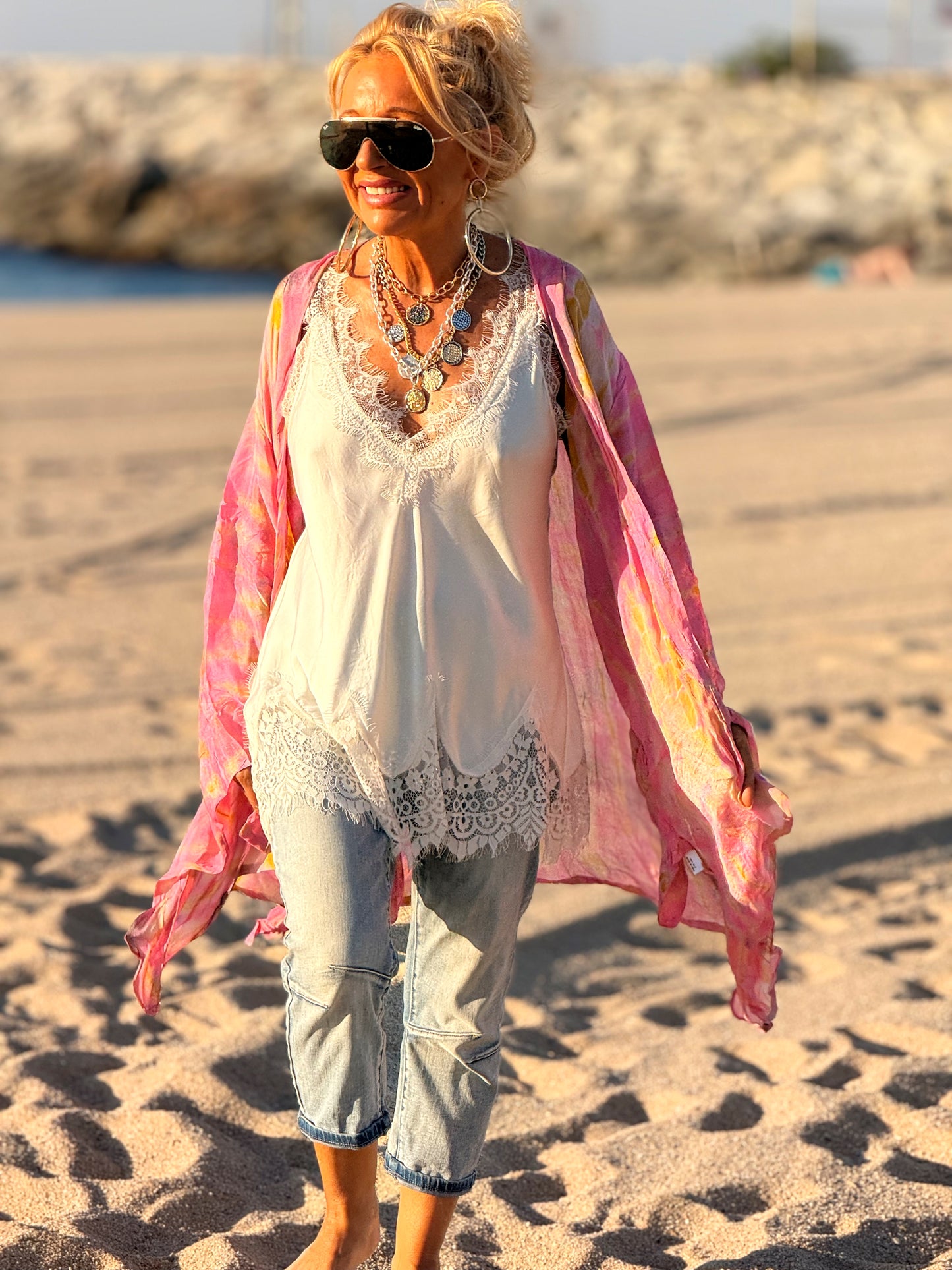 KIMONO CORTO ESTAMPADO MANGA LARGA CREPE DE SEDA MULTICOLOR