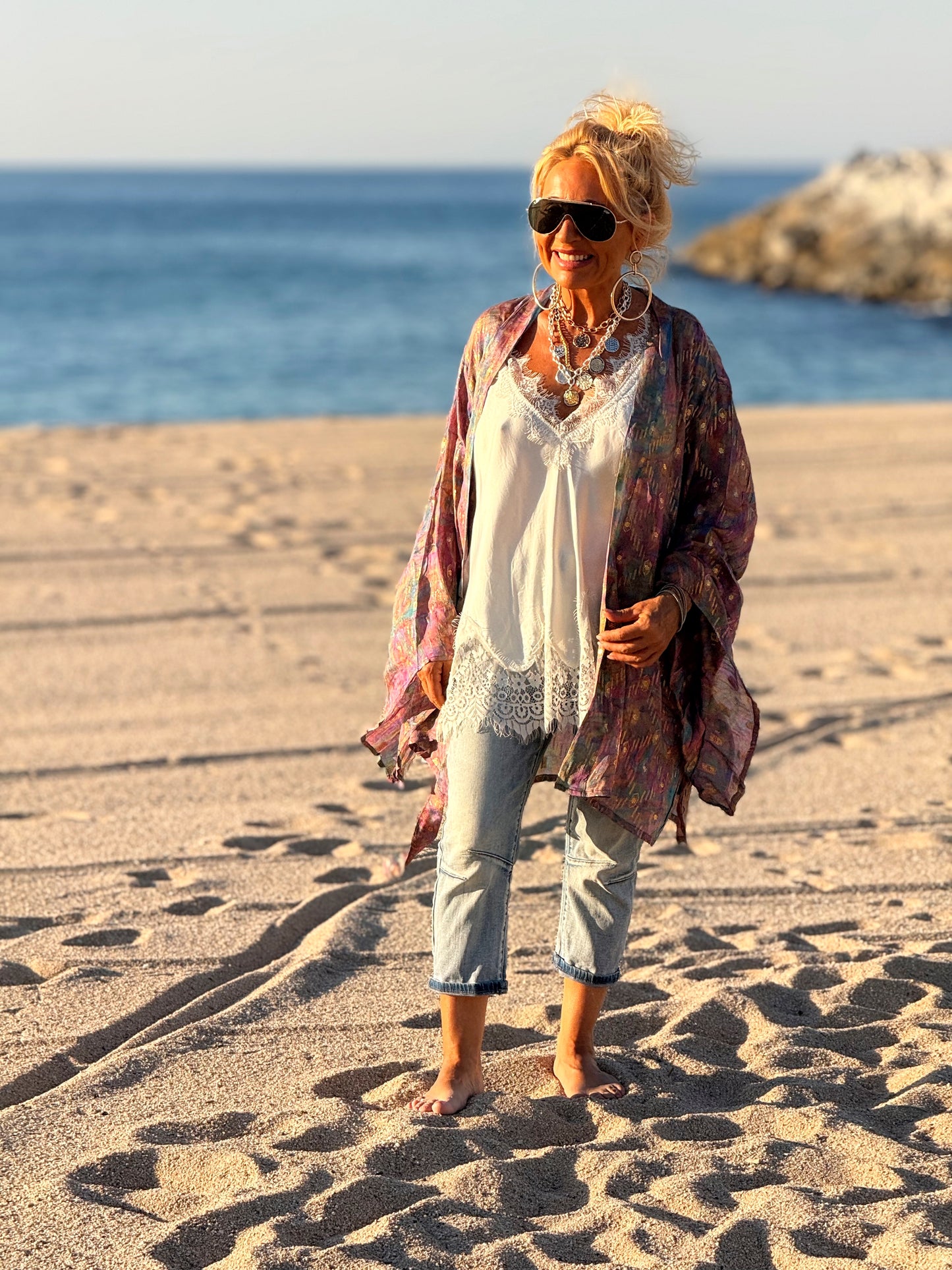 KIMONO CORTO ESTAMPADO MANGA LARGA CREPE DE SEDA MULTICOLOR