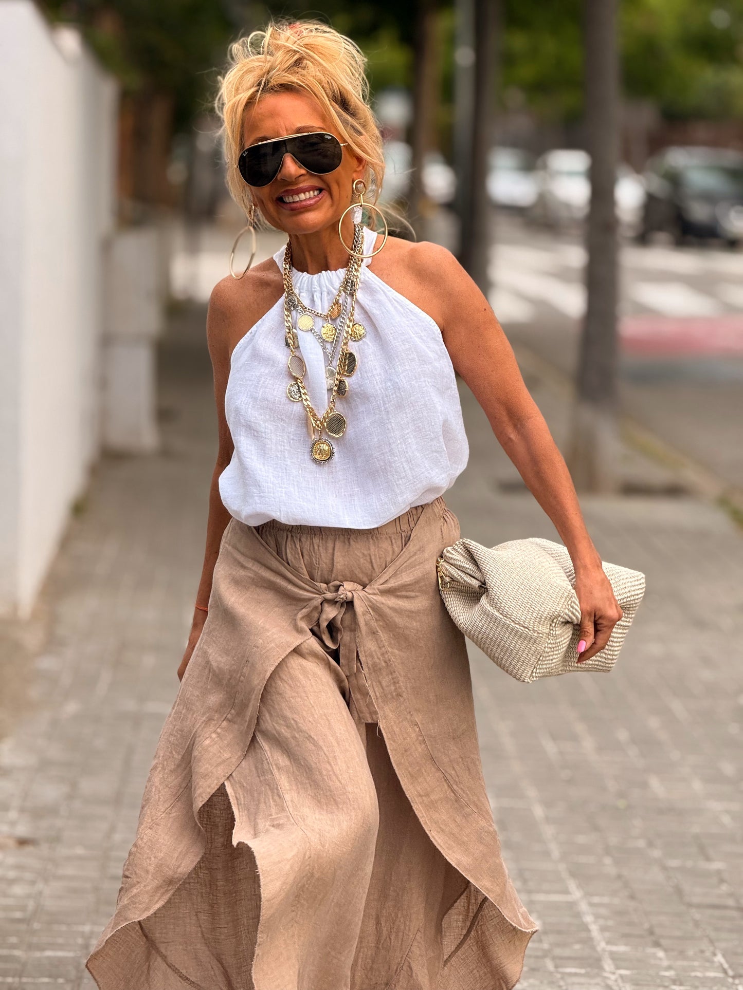 PANTALON CON NUDE LINO CAMEL