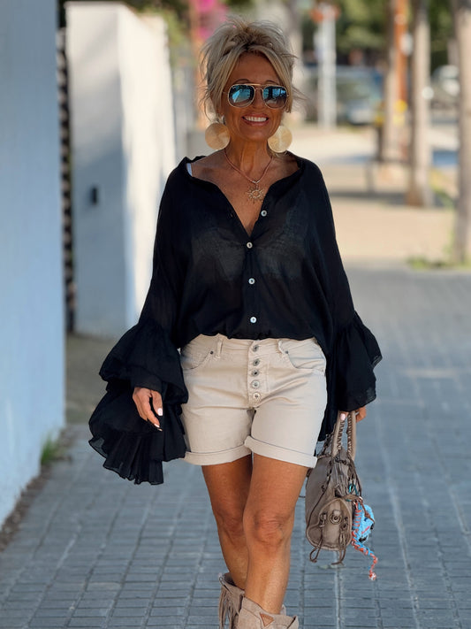 BLUSA BOHEMIAN MANGA VOLANTES NEGRO