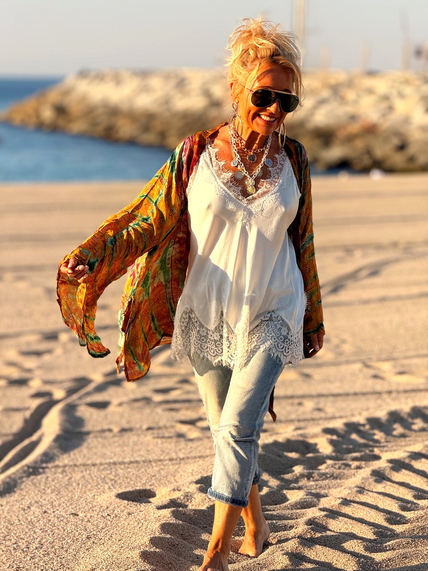 KIMONO CORTO ESTAMPADO MANGA LARGA CREPE DE SEDA MULTICOLOR