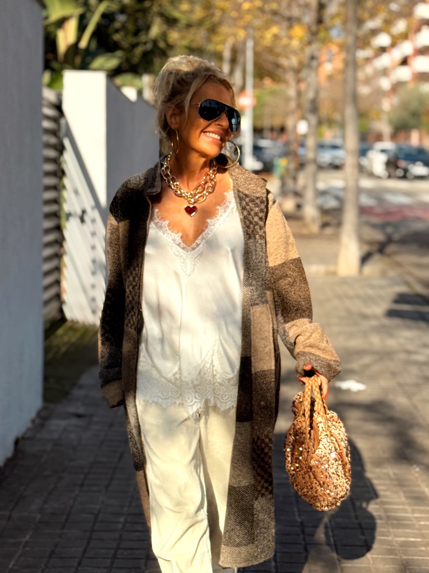 CHAQUETA LARGA CUADROS SHANNA MARRÓN