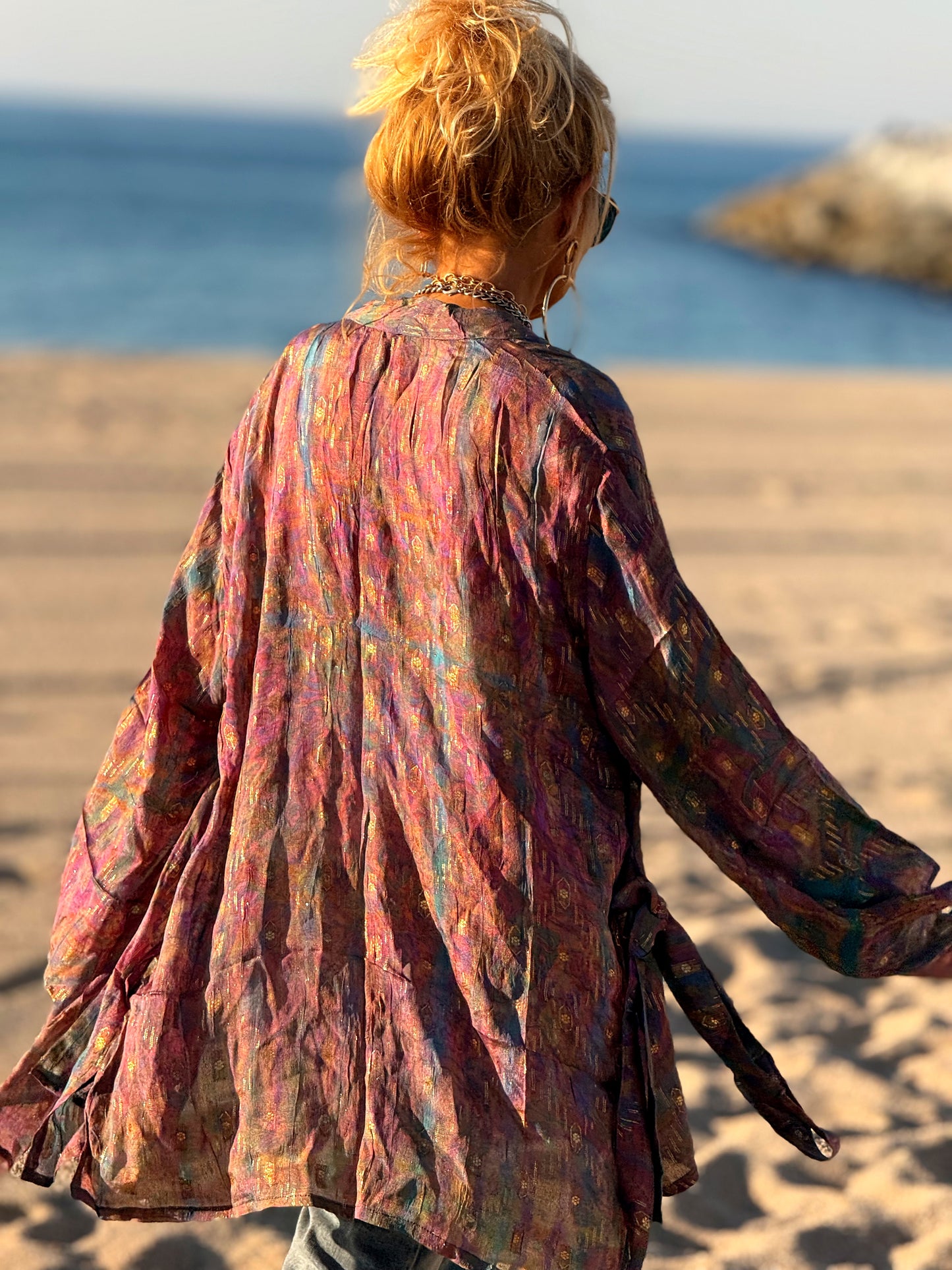 KIMONO CORTO ESTAMPADO MANGA LARGA CREPE DE SEDA MULTICOLOR