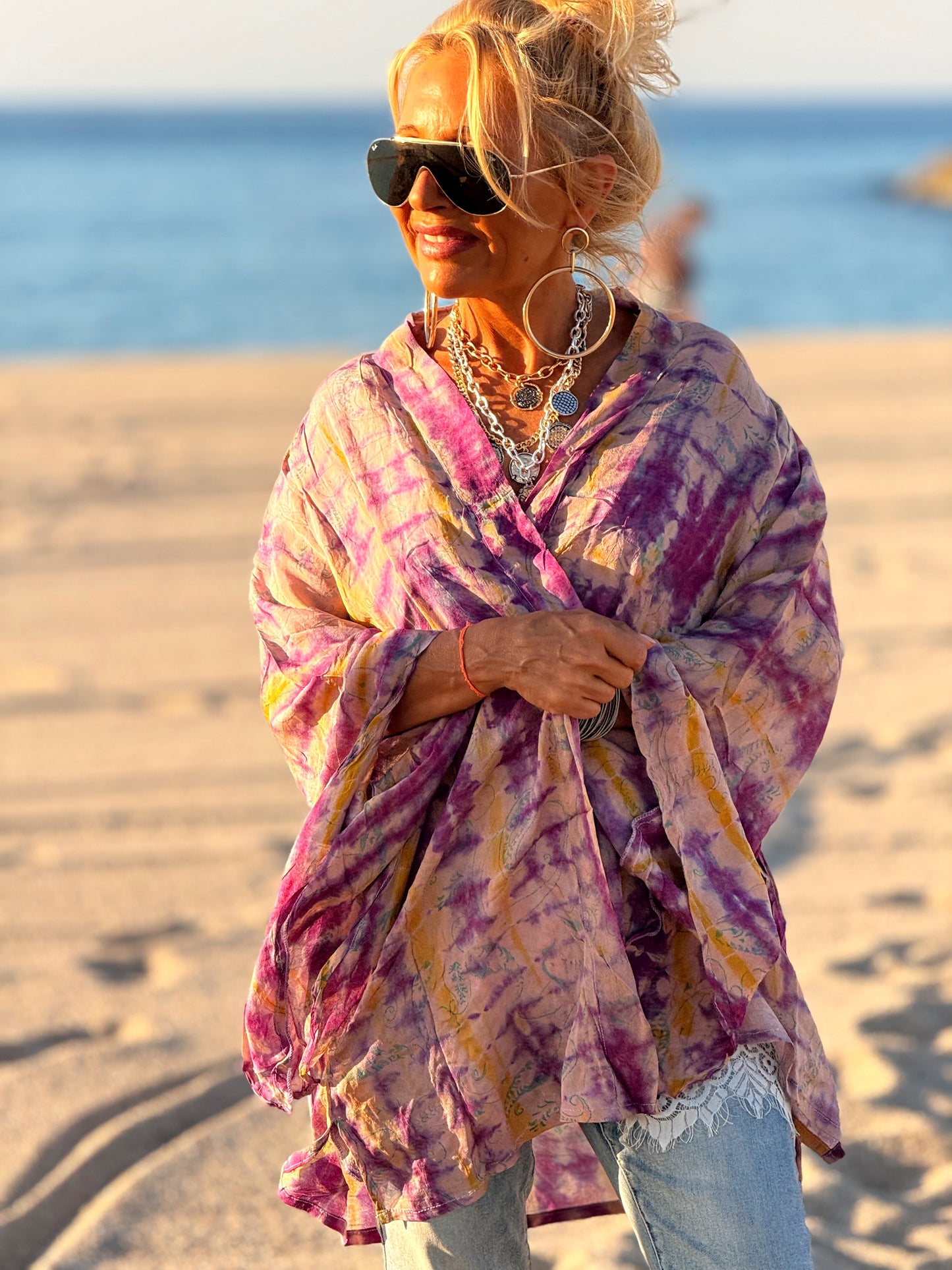 KIMONO CORTO ESTAMPADO MANGA LARGA CREPE DE SEDA MULTICOLOR