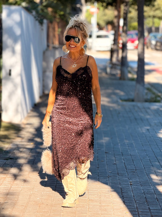 VESTIDO LENTEJUELAS MARRÓN