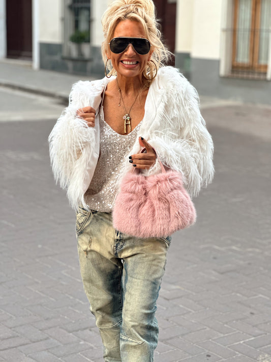 CHAQUETA CORTA  DE PELO SINTÉTICO CON CAPUCHA BLANCO