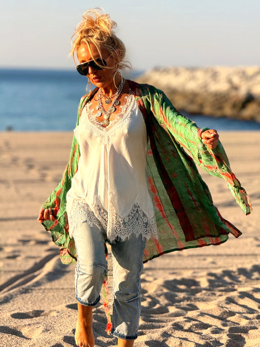 KIMONO CORTO ESTAMPADO MANGA LARGA CREPE DE SEDA MULTICOLOR