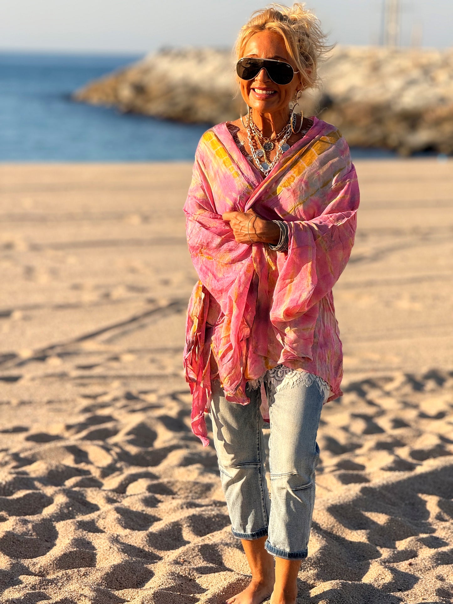 KIMONO CORTO ESTAMPADO MANGA LARGA CREPE DE SEDA MULTICOLOR