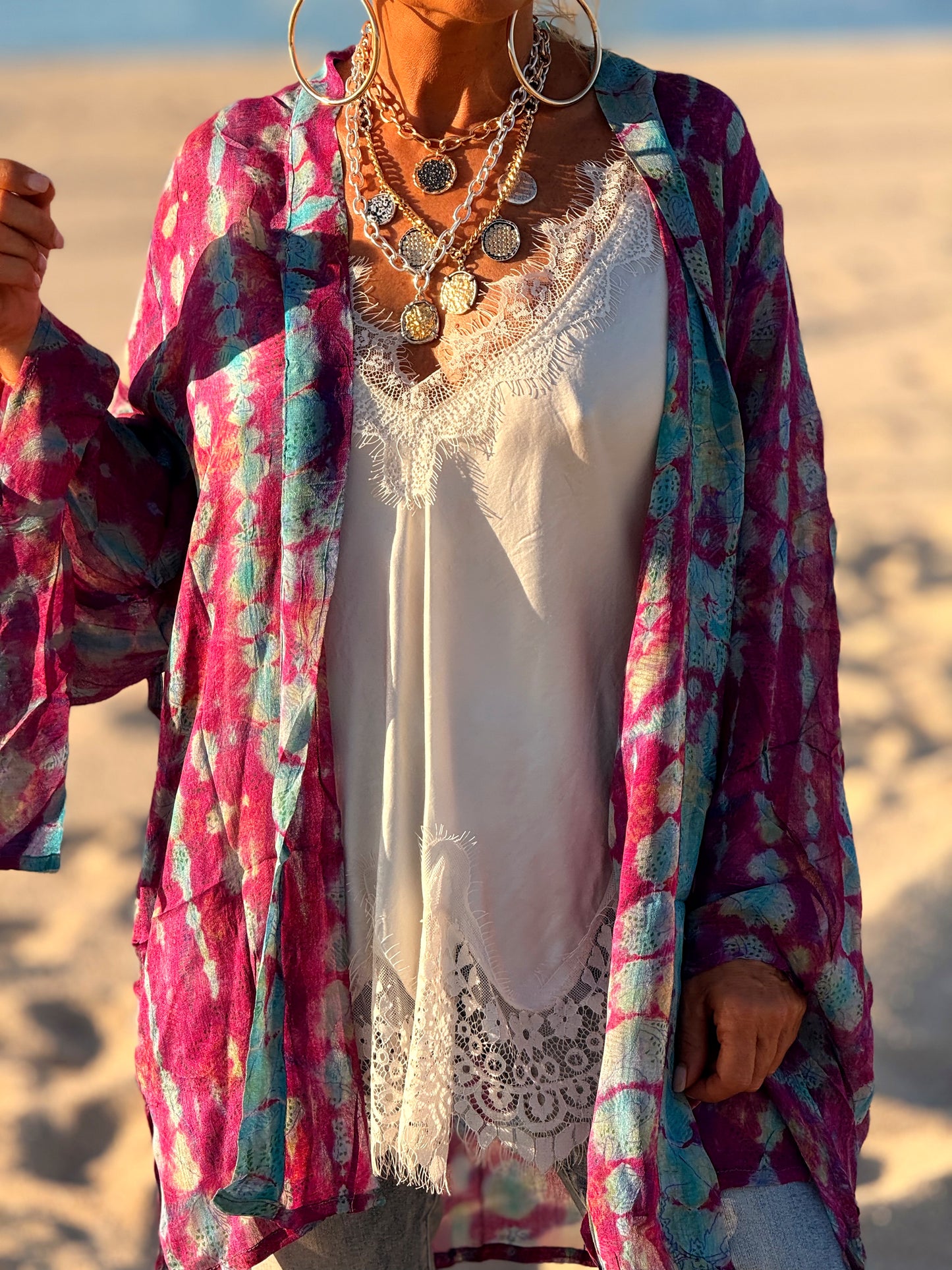 KIMONO CORTO ESTAMPADO MANGA LARGA CREPE DE SEDA MULTICOLOR