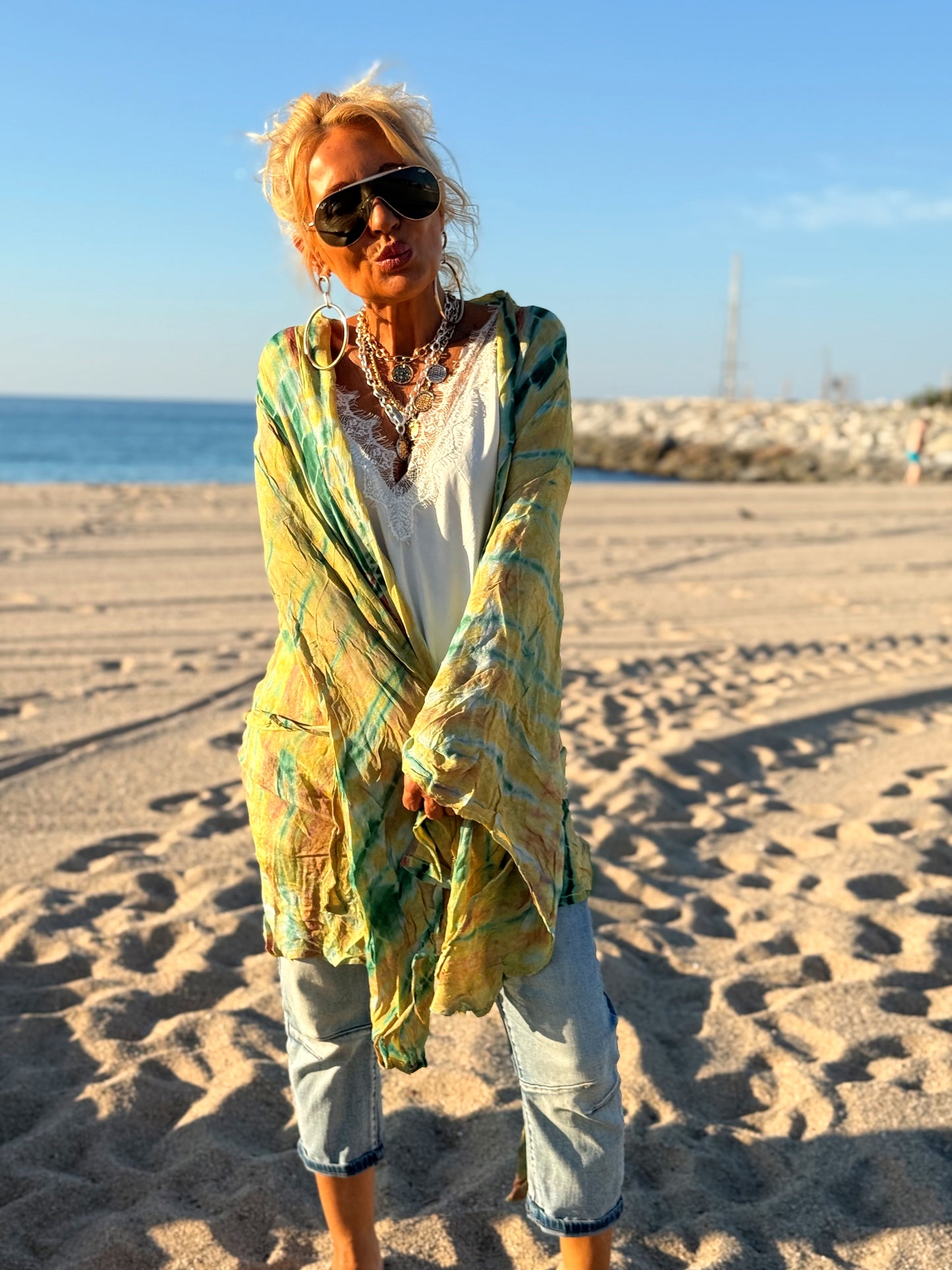 KIMONO CORTO ESTAMPADO MANGA LARGA CREPE DE SEDA MULTICOLOR