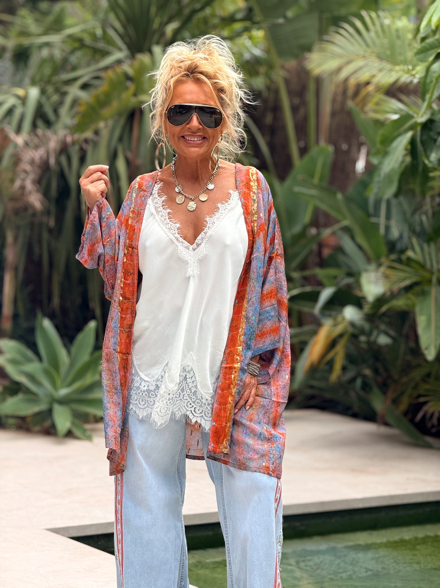 KIMONO CORTO ESTAMPADO CREPE DE SEDA MULTICOLOR