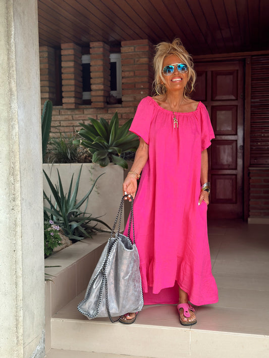 VESTIDO LINO ASIMÉTRICO FLAVIA FUCSIA