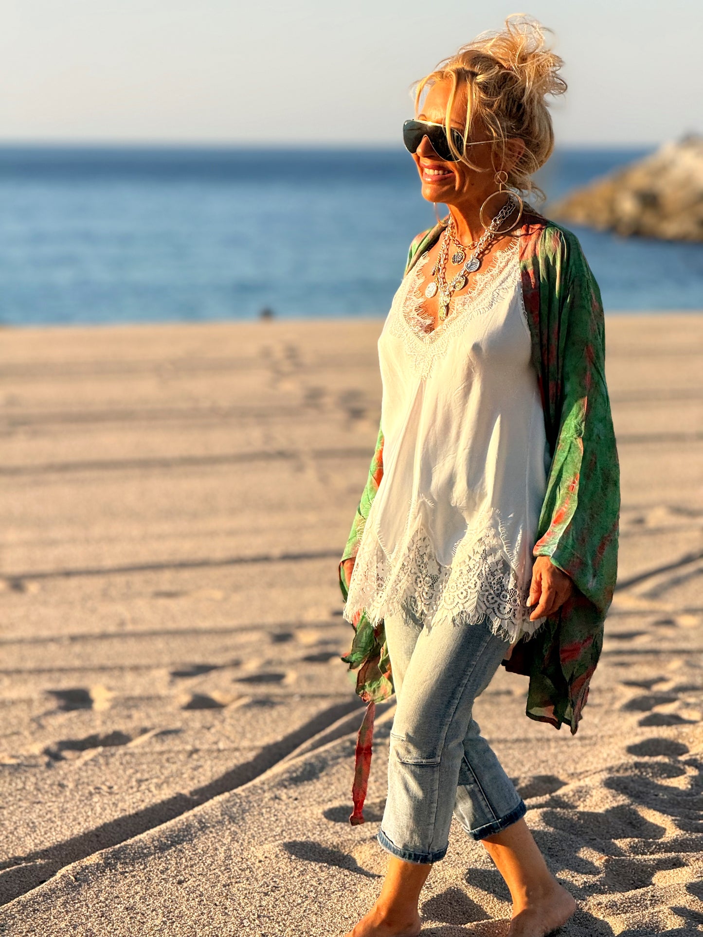 KIMONO CORTO ESTAMPADO MANGA LARGA CREPE DE SEDA MULTICOLOR