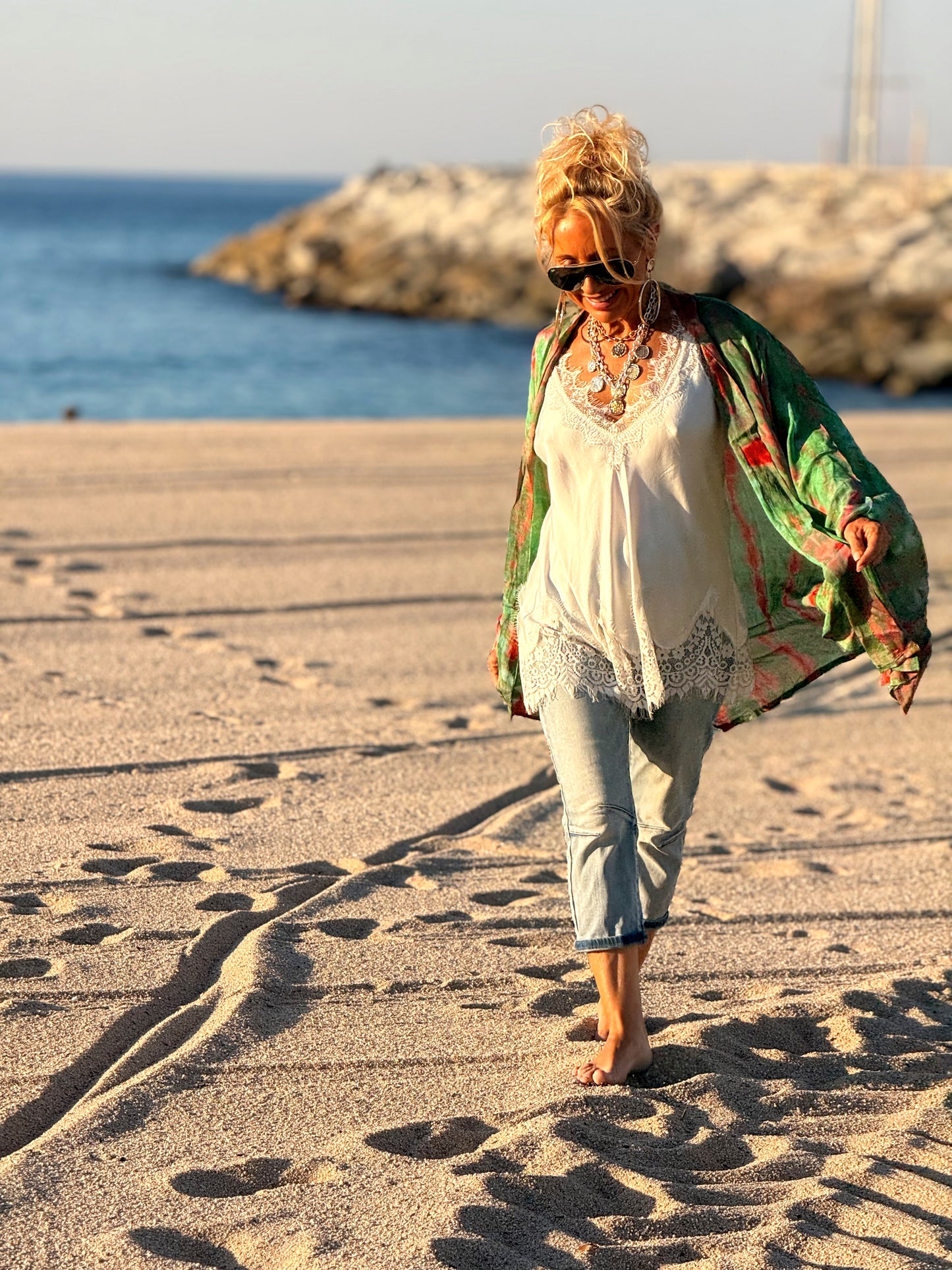 KIMONO CORTO ESTAMPADO MANGA LARGA CREPE DE SEDA MULTICOLOR