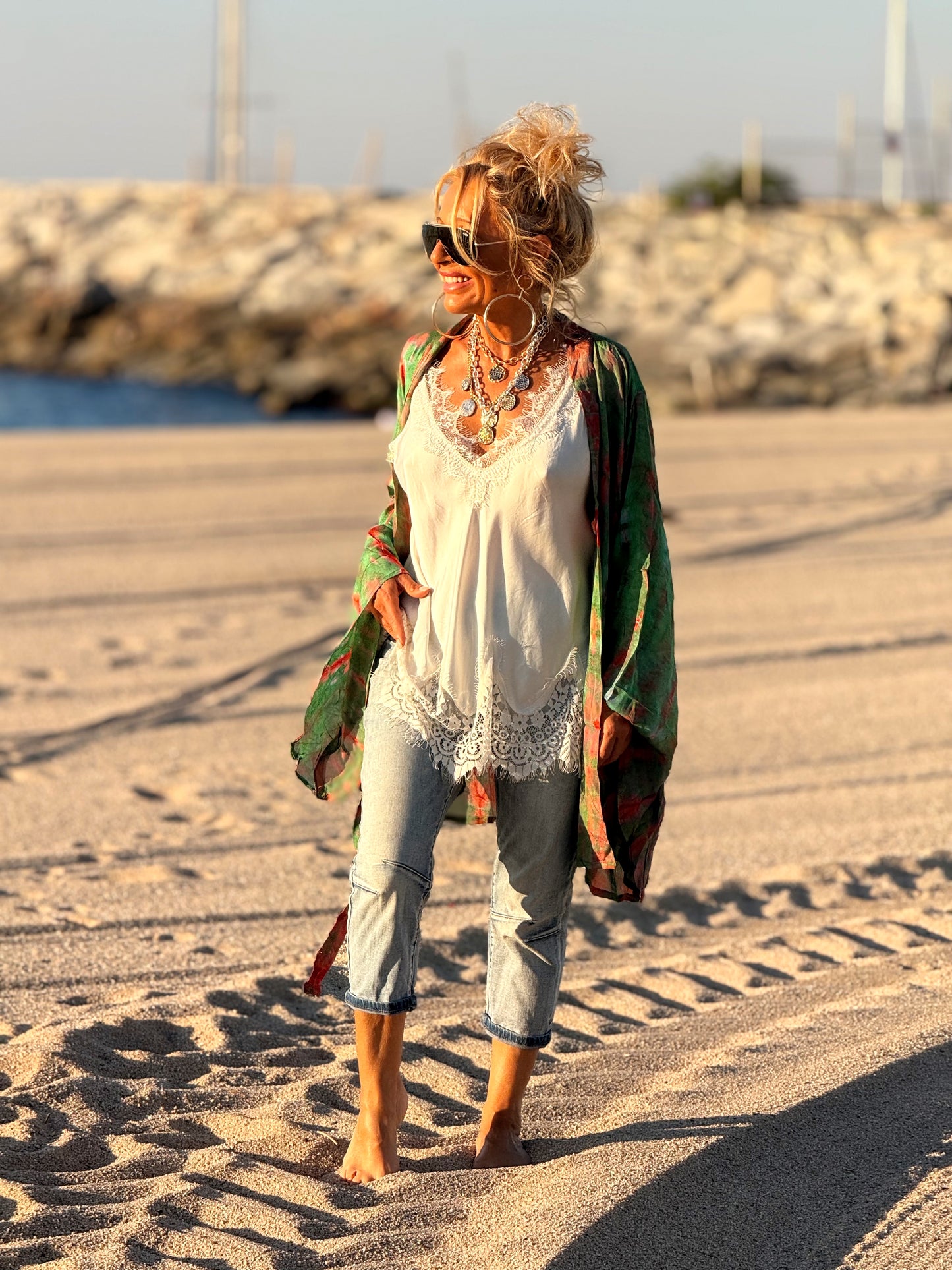 KIMONO CORTO ESTAMPADO MANGA LARGA CREPE DE SEDA MULTICOLOR