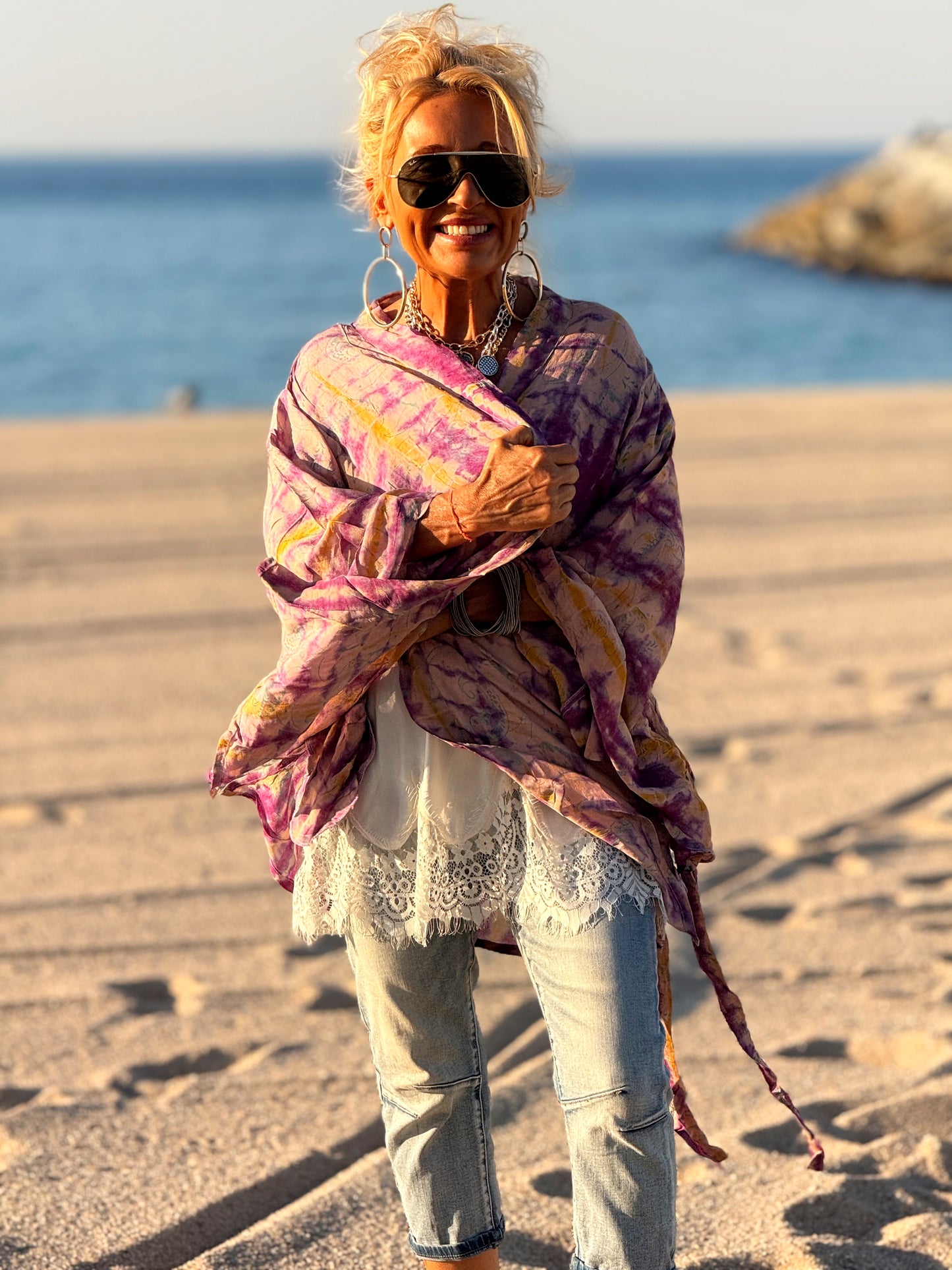 KIMONO CORTO ESTAMPADO MANGA LARGA CREPE DE SEDA MULTICOLOR