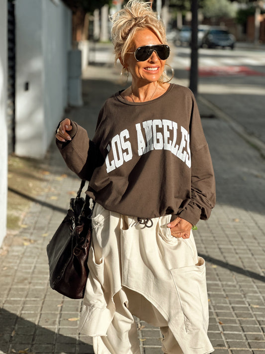 SUDADERA OVERSIZE CON CORDÓN LOS ANGELES MARRÓN