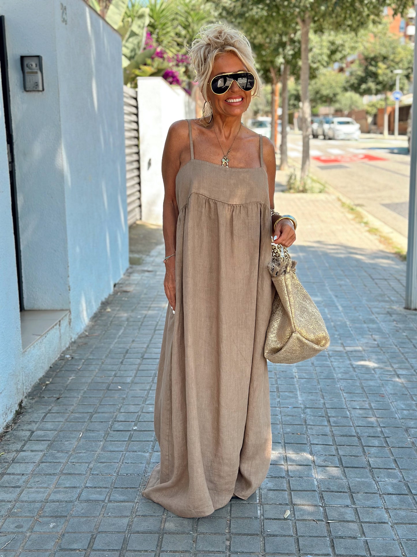 VESTIDO LINO AJUSTABLE CAMEL