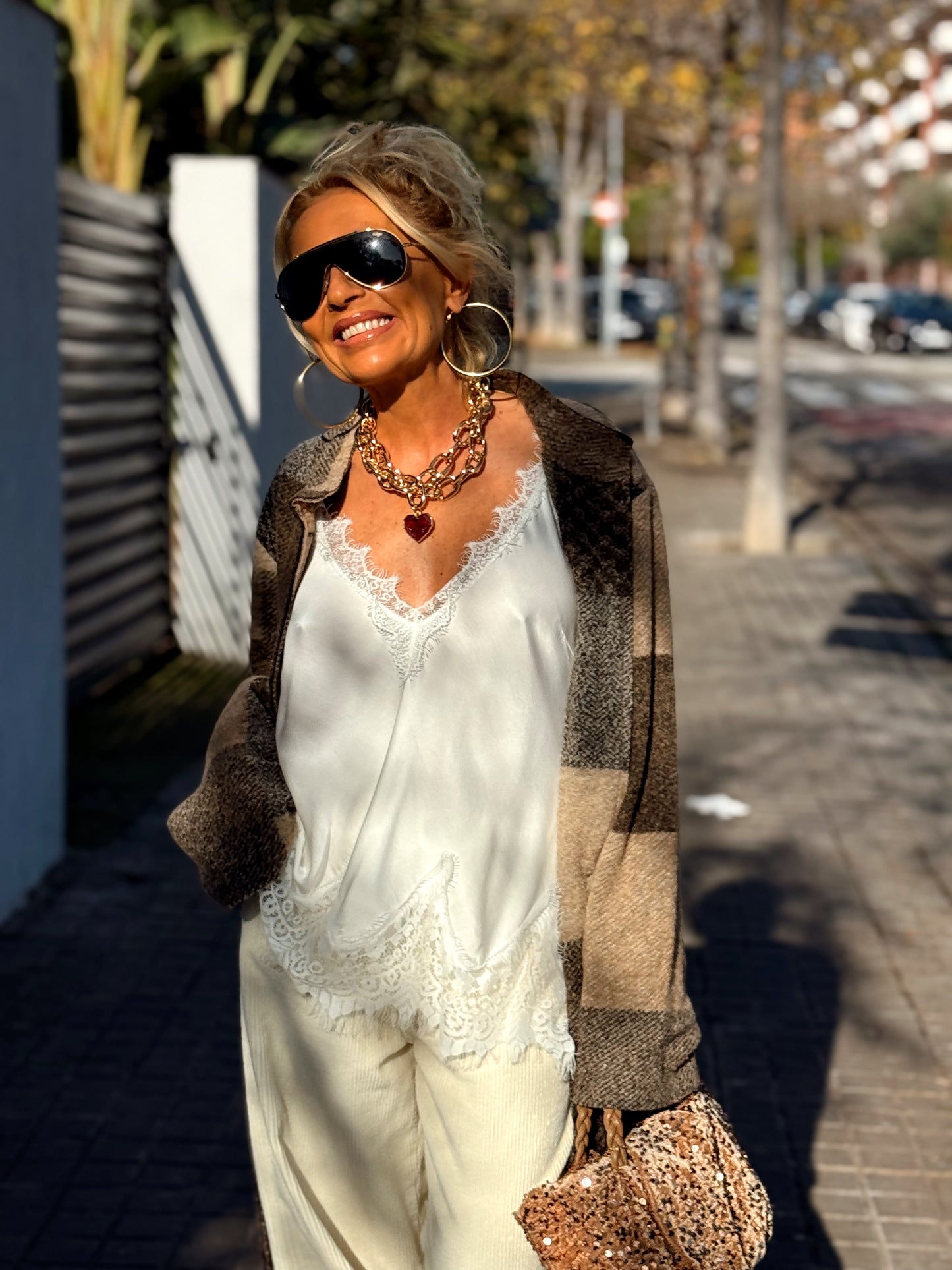 CHAQUETA LARGA CUADROS SHANNA MARRÓN