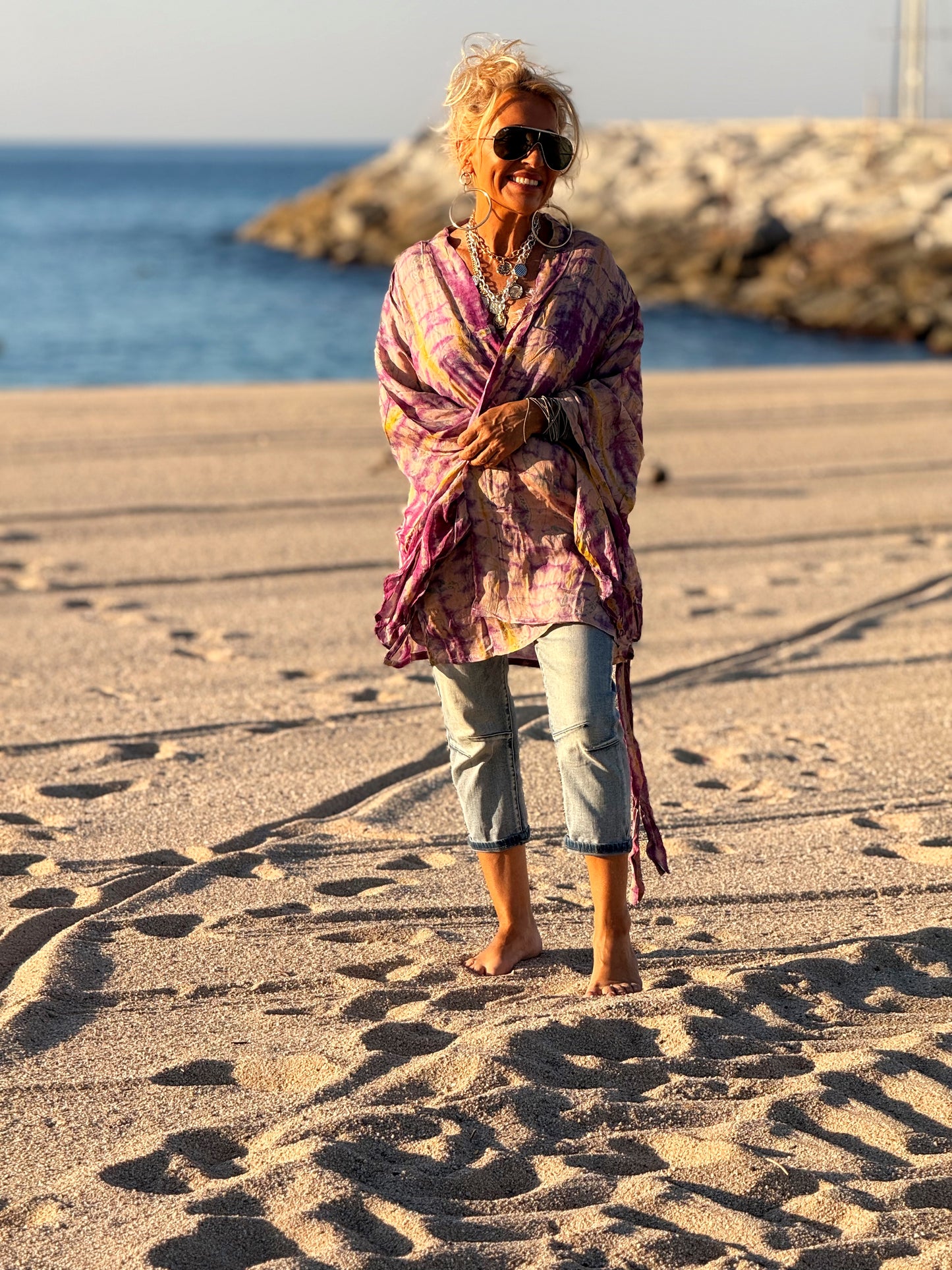 KIMONO CORTO ESTAMPADO MANGA LARGA CREPE DE SEDA MULTICOLOR