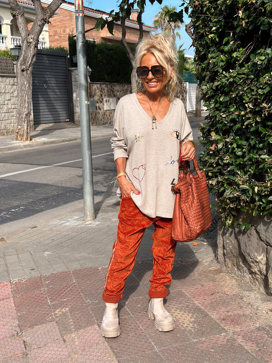 PANTALON OVERSIZE DE PANA CON BANDA BRILLANTE TEJA