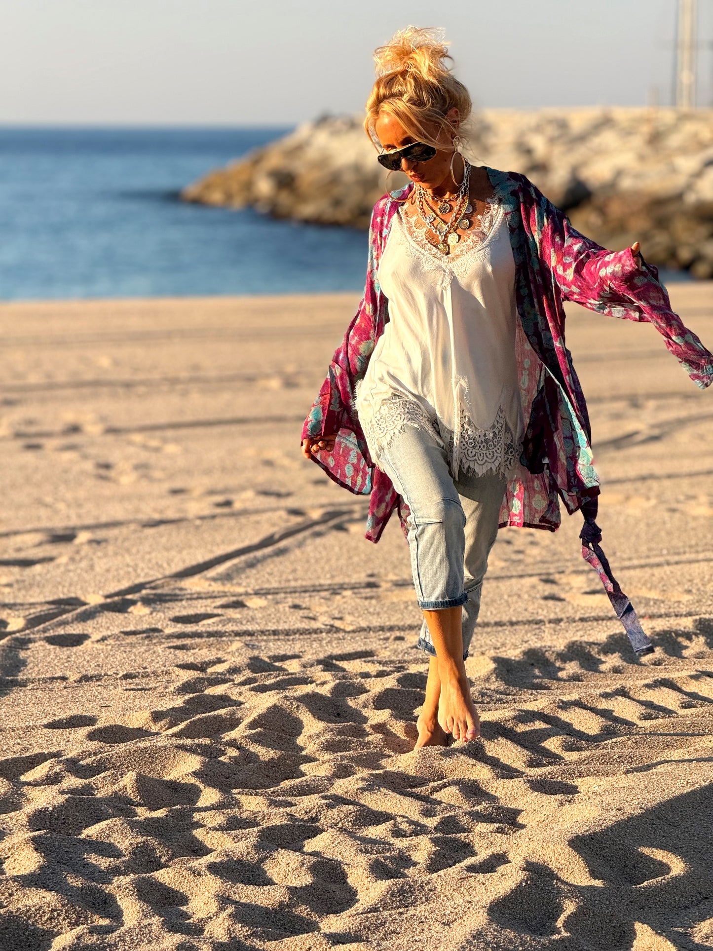 KIMONO CORTO ESTAMPADO MANGA LARGA CREPE DE SEDA MULTICOLOR