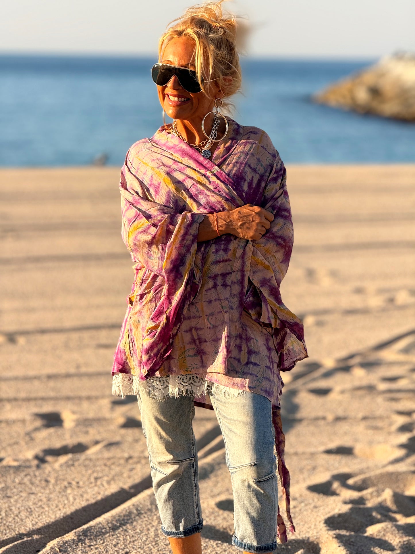 KIMONO CORTO ESTAMPADO MANGA LARGA CREPE DE SEDA MULTICOLOR